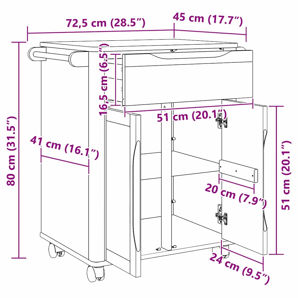 Konyhai kocsi faggyú barna 72,5 x 45 x 80 cm tömör fenyőfa