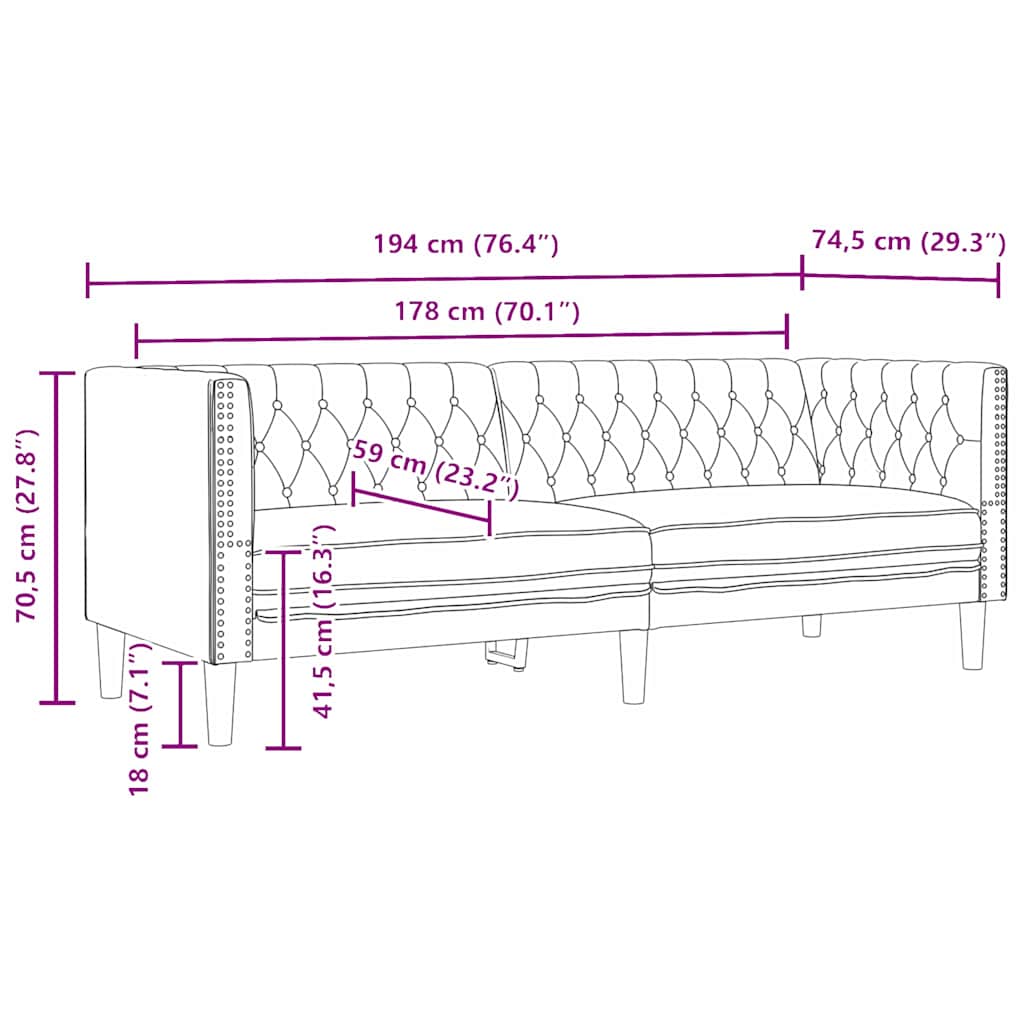 Chesterfield kanapé argyle fekete 194 x 74.5 x 70.5 cm műbőr Chesterfield kanapé argyle fekete 194 x 74.5 x 70.5 cm műbőr