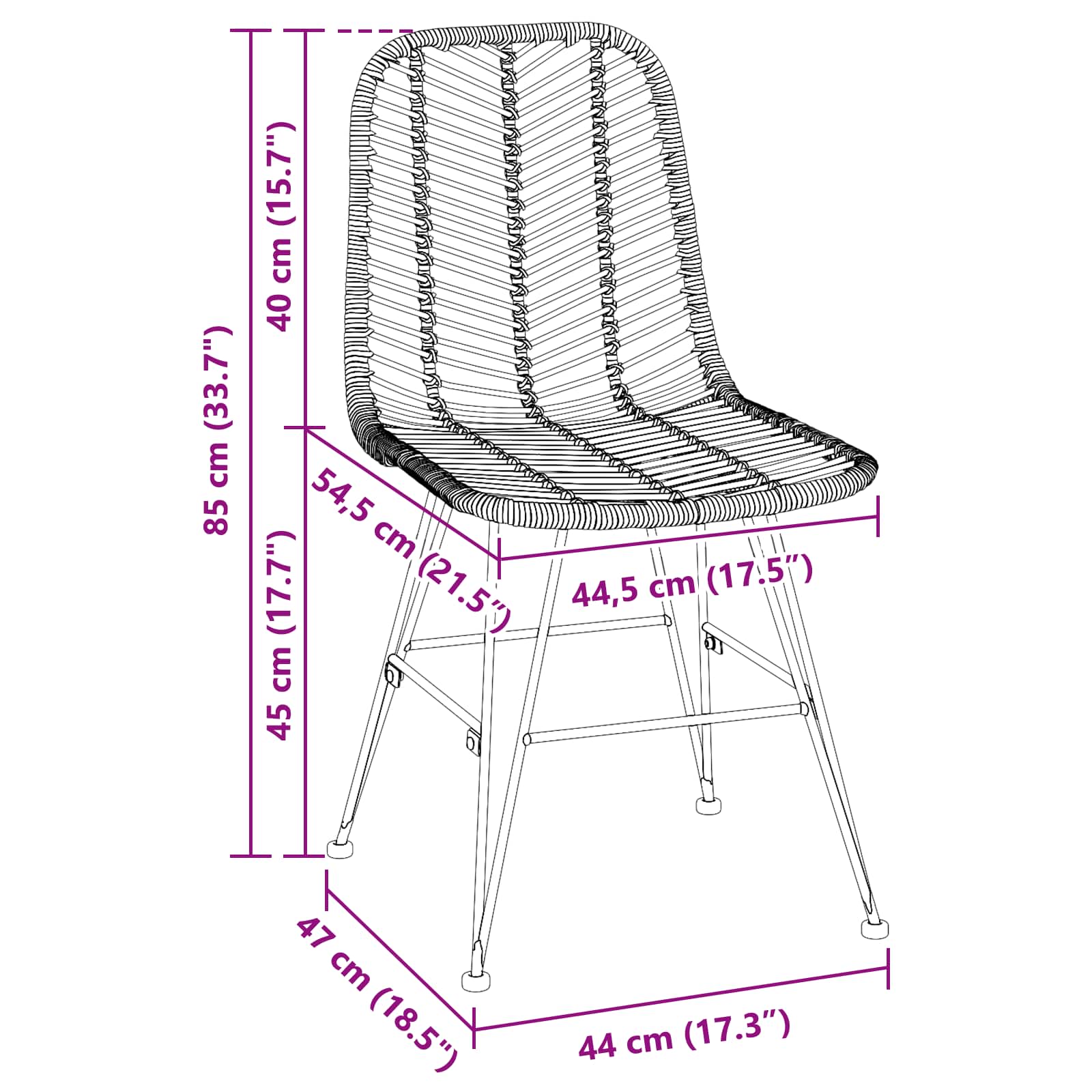 Étkezőszék 2 pcs rattan és vas természetes 44,5 x 54,5 x 85 cm