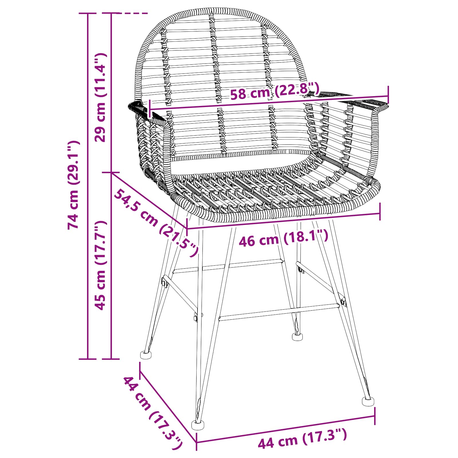 Étkezőszék 2 pcs természetes 57 x 54.5 x 85 cm rattan és vas