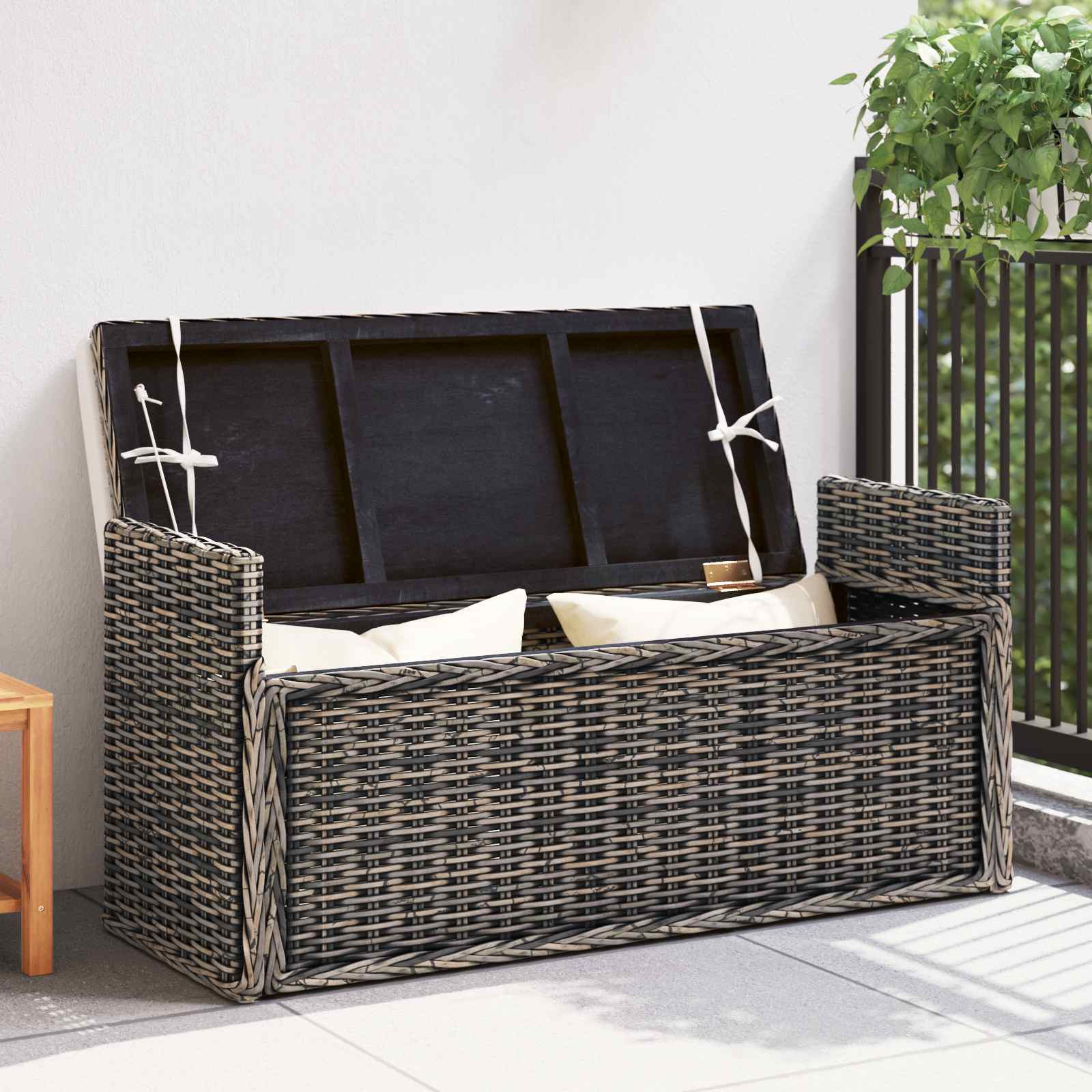 Tárolópad párnával fekete mosás 110 x 40 x 50 cm rattan