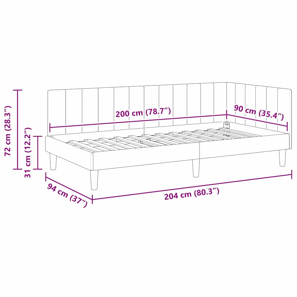 Sarokágy keret fejtámlával világosszürke 90 x 200 cm bársony