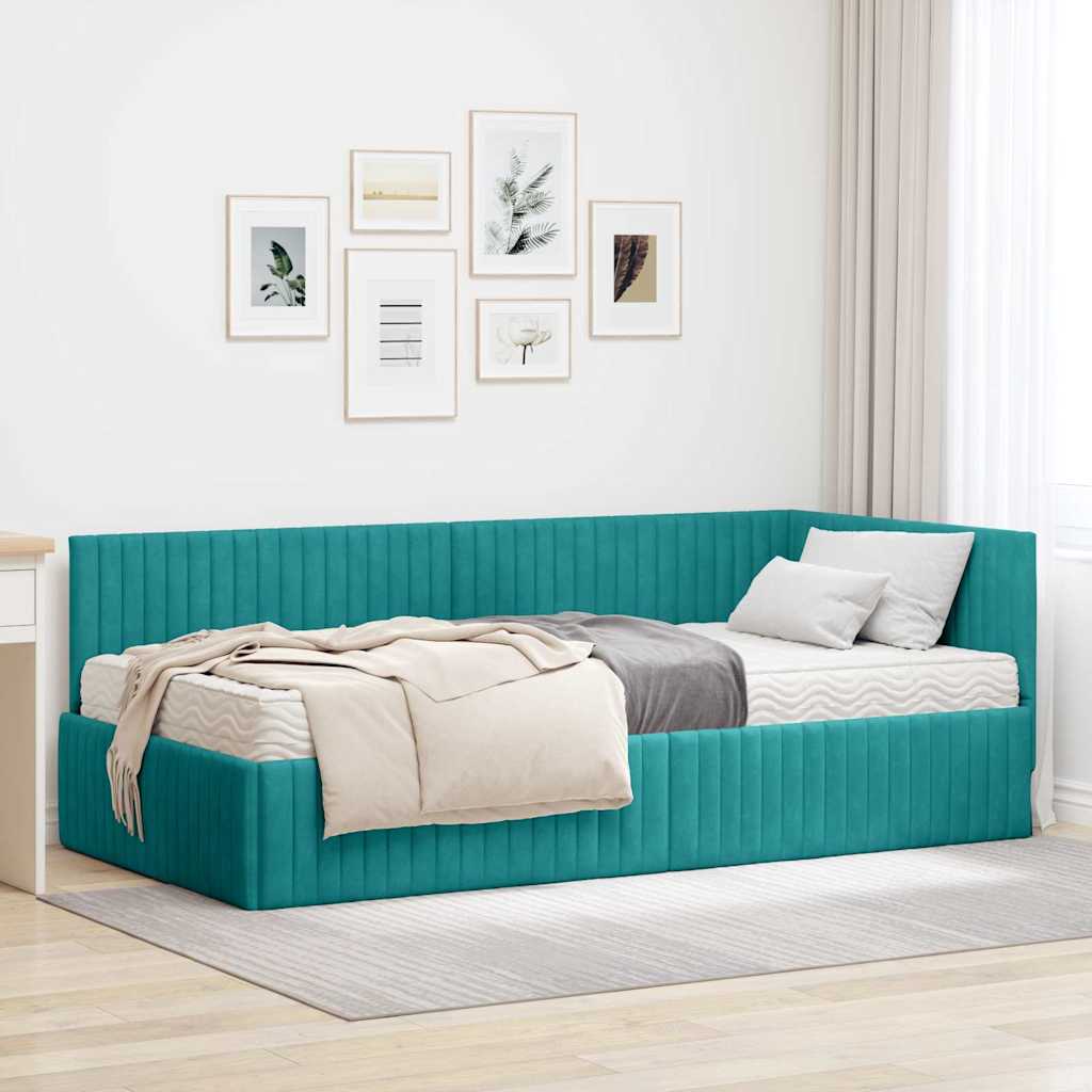 Sarok ágykeret matraccal 2 db türkiz 100 x 200 cm bársony