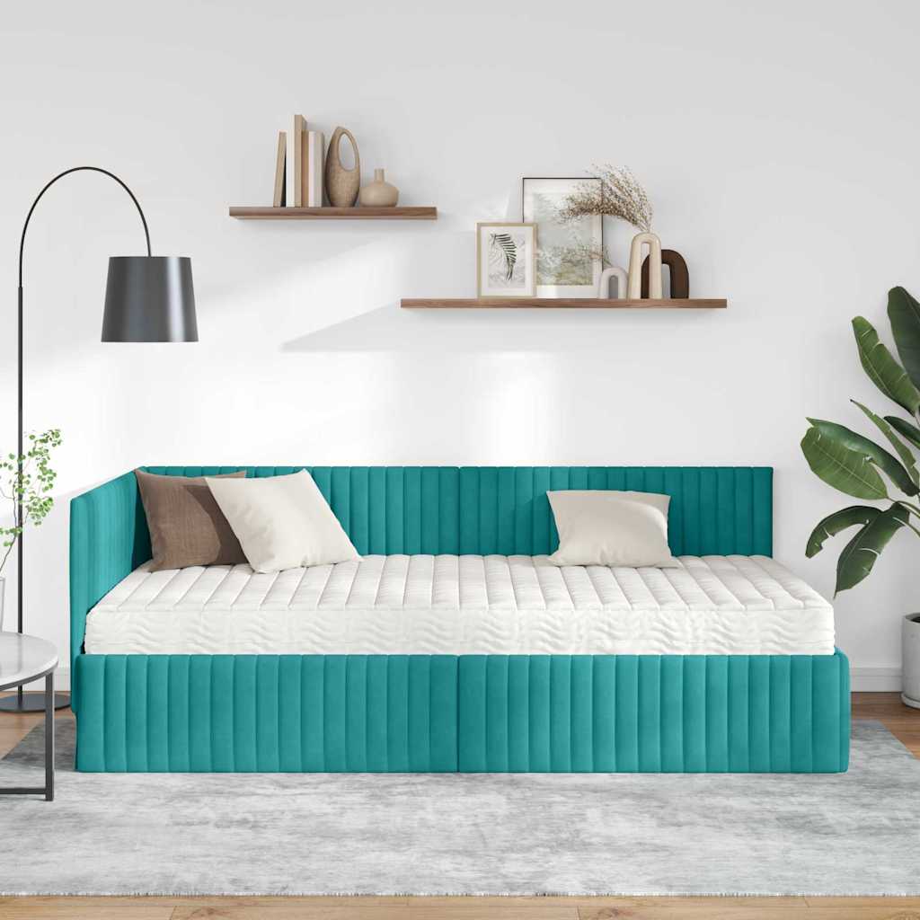 Sarok ágykeret matraccal 2 db türkiz 100 x 200 cm bársony