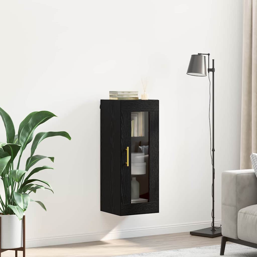 Fali szekrény fekete tölgy 34,5 x 34 x 90 cm műanyag fa és üveg