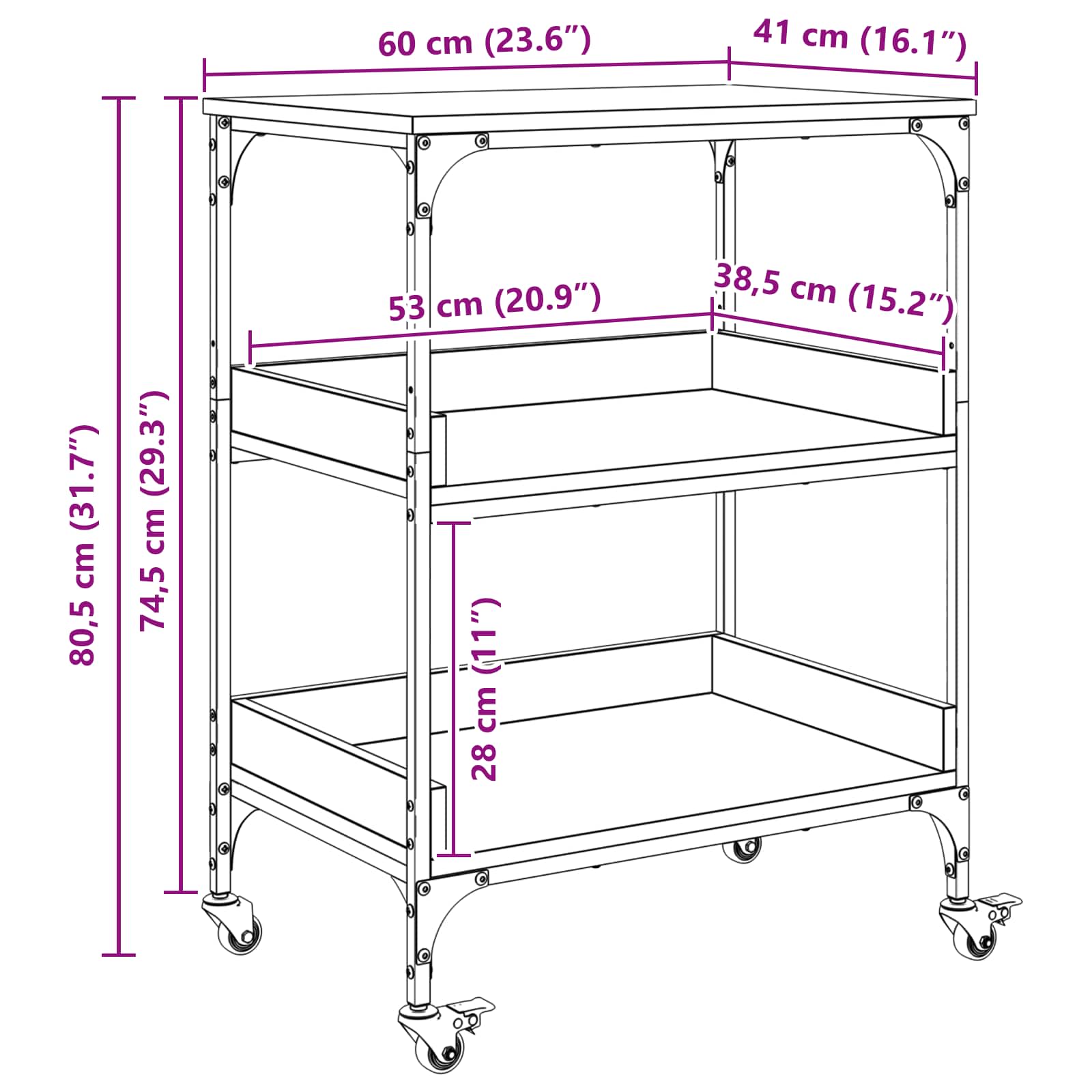 Konyhai kocsi sonoma tölgy 60 x 41 x 80,5 cm faanyag