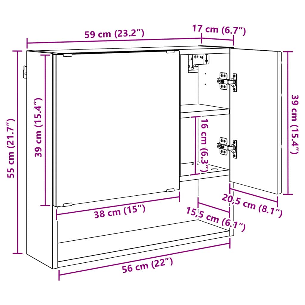 Tükörszekrény polcokkal barna tölgy 59 x 17 x 55 cm faanyag