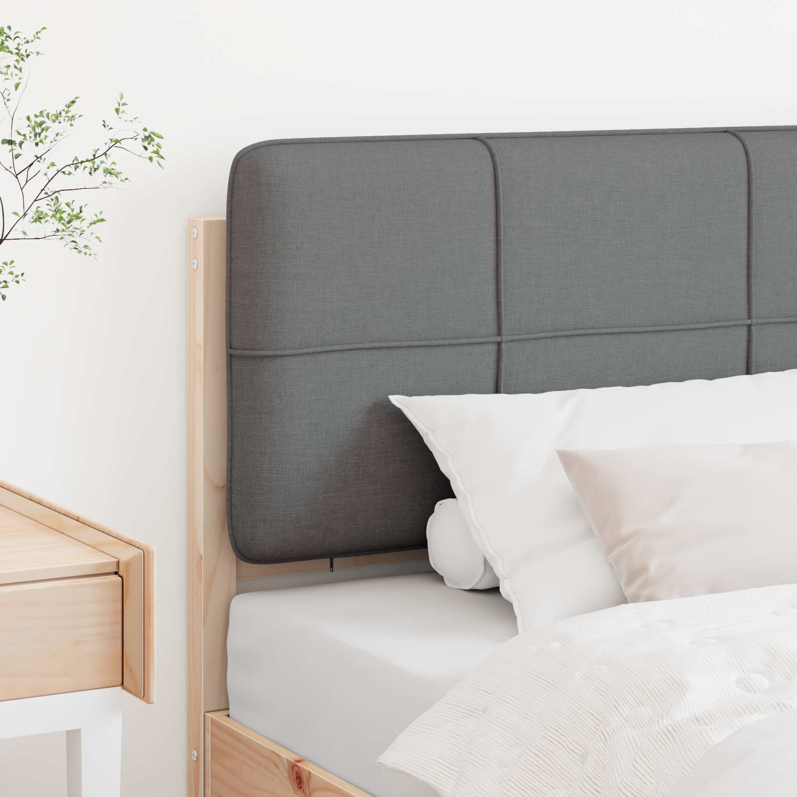 Kárpitozott fejtámla barna és világosszürke 90 cm tömör fenyőfa