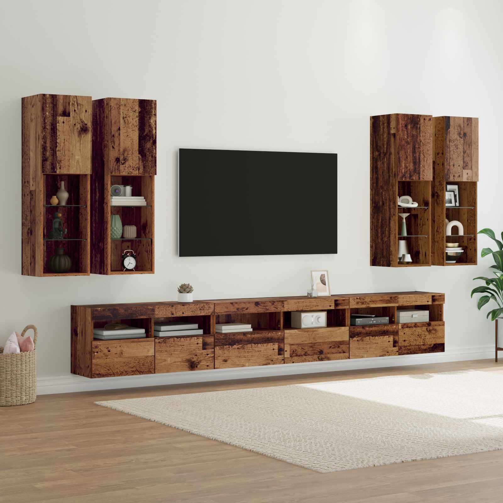 Tv falit kabinet szett led -es lámpákkal 7 pcs öreg fa faanyag