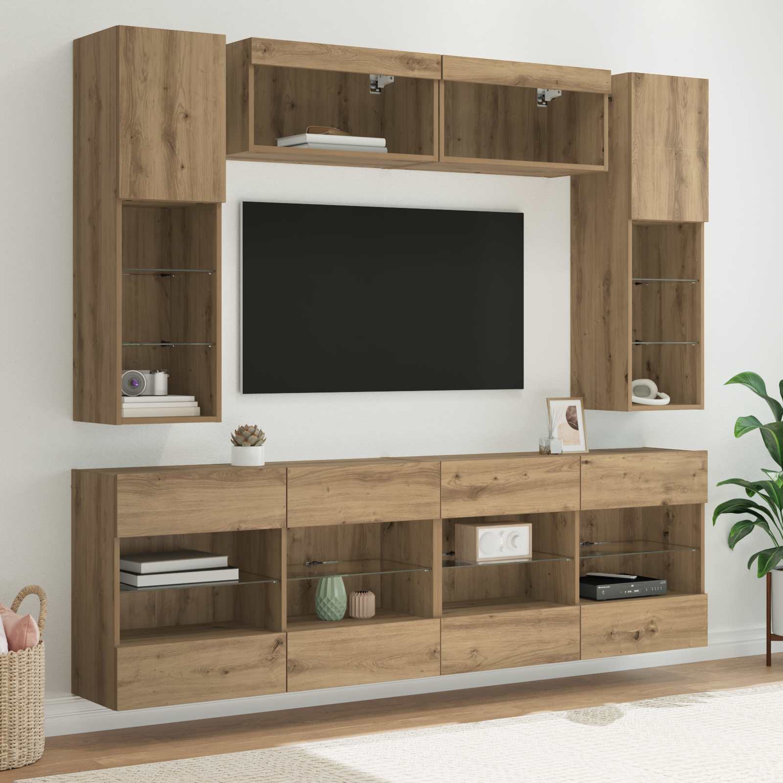 Tv falit kabinet szett leddel 6 pcs kézműves tölgy faanyag
