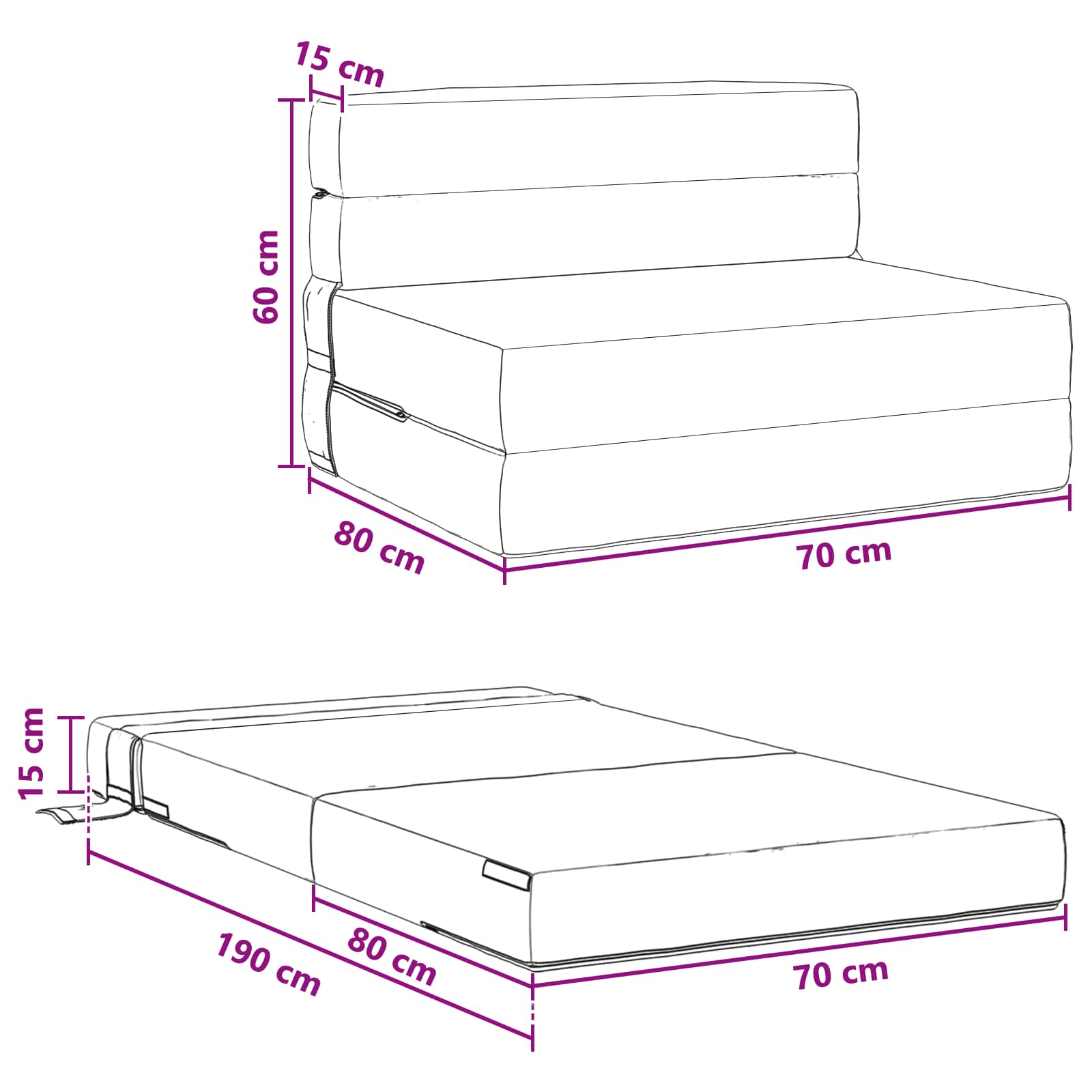 Hajtogatható kanapéágy fekete 190 x 70 x 15 cm szövet