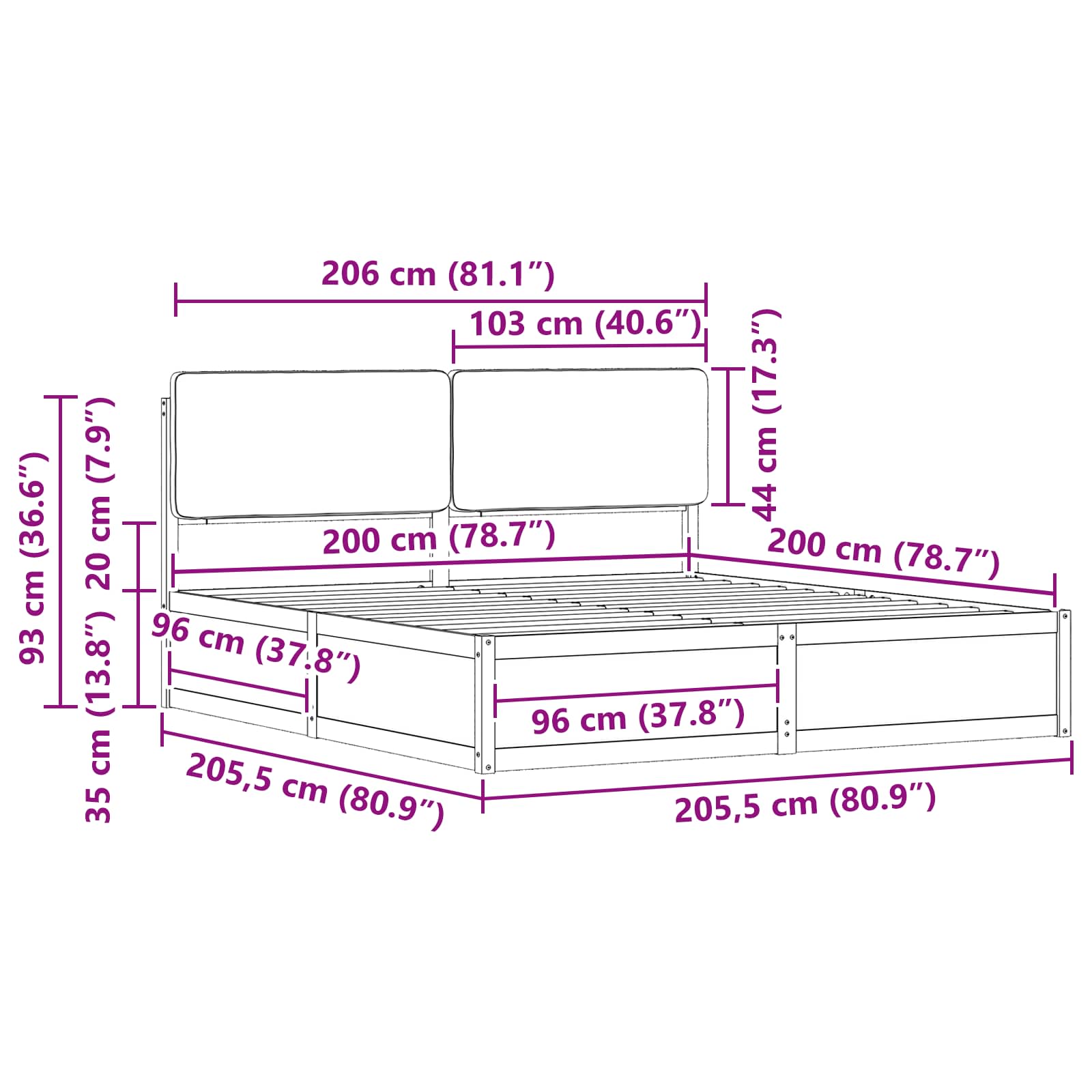 Ágykeret kárpitozott fejtámlával tópszínű 200 x 200 cm