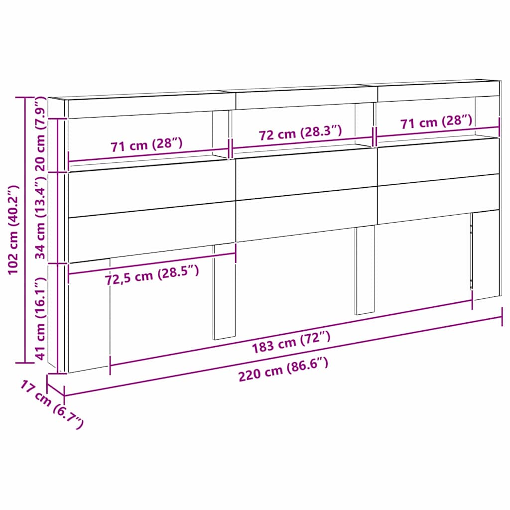 Fejtámla led -es lámpákkal öreg fa 220 x 17 x 102 cm faanyag