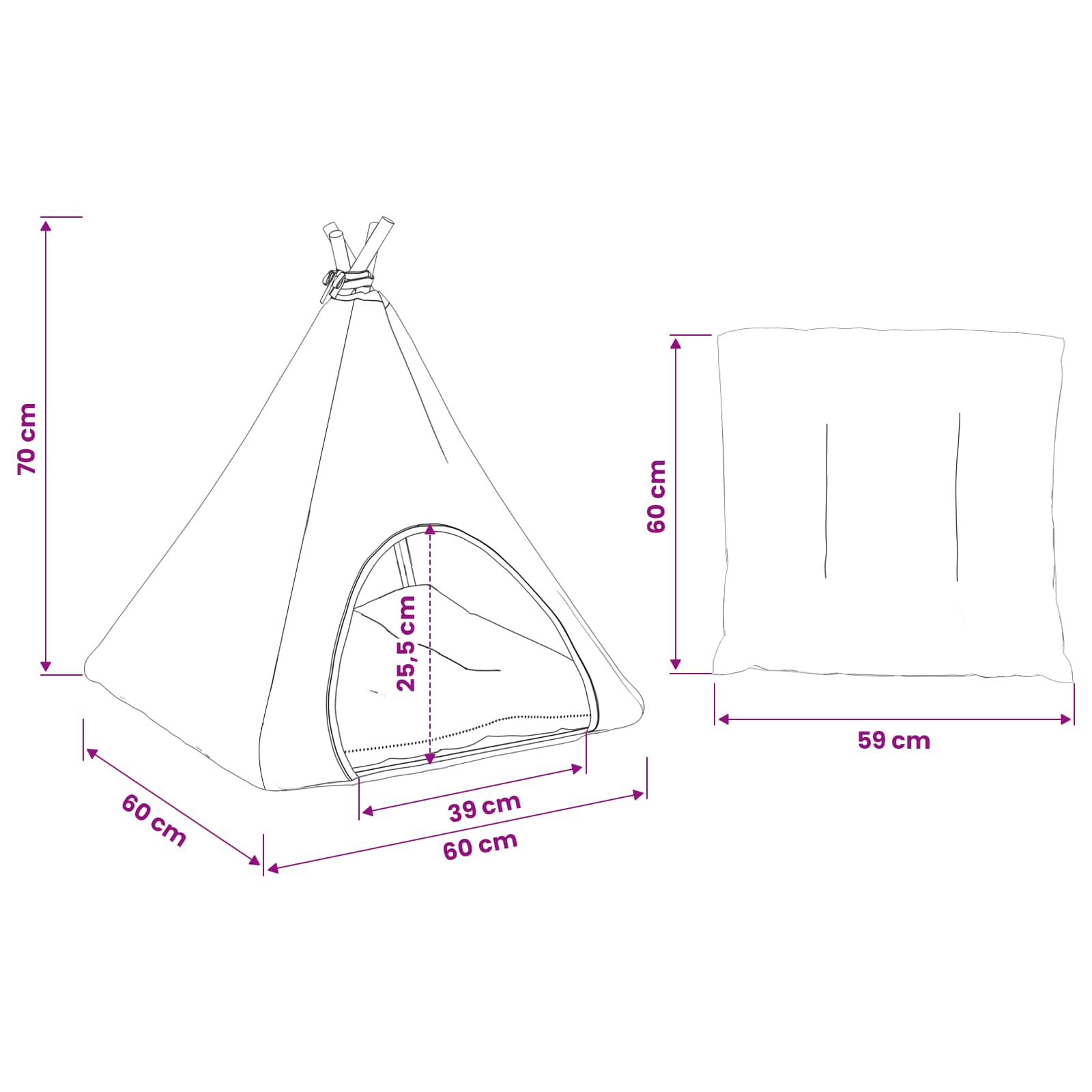 Kiskedvenc teepee párnával fehér és szürke 60 x 60 x 70 cm