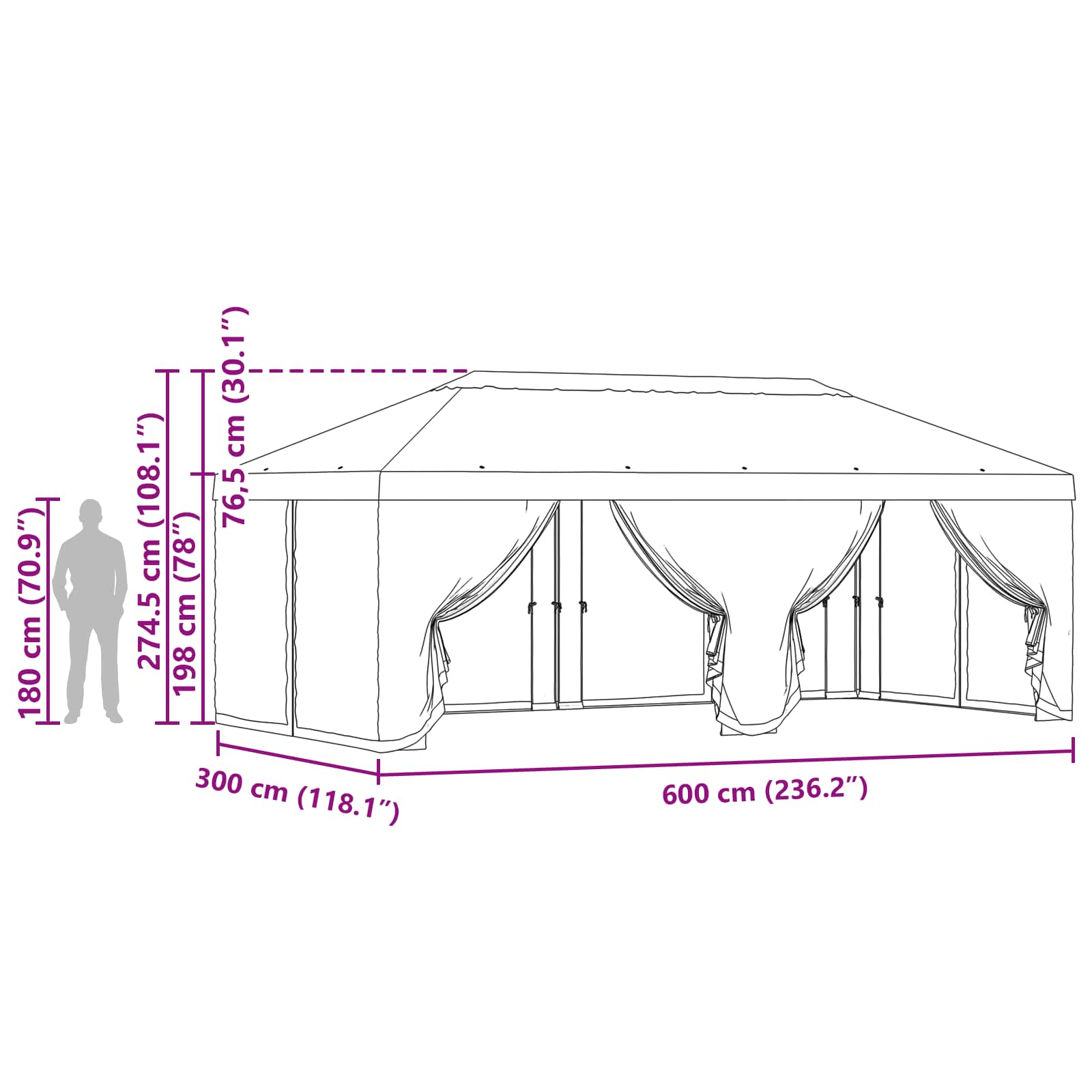 Napernyő ponyva oldalfalakkal antracitszürke 600,5 x 300,5 cm