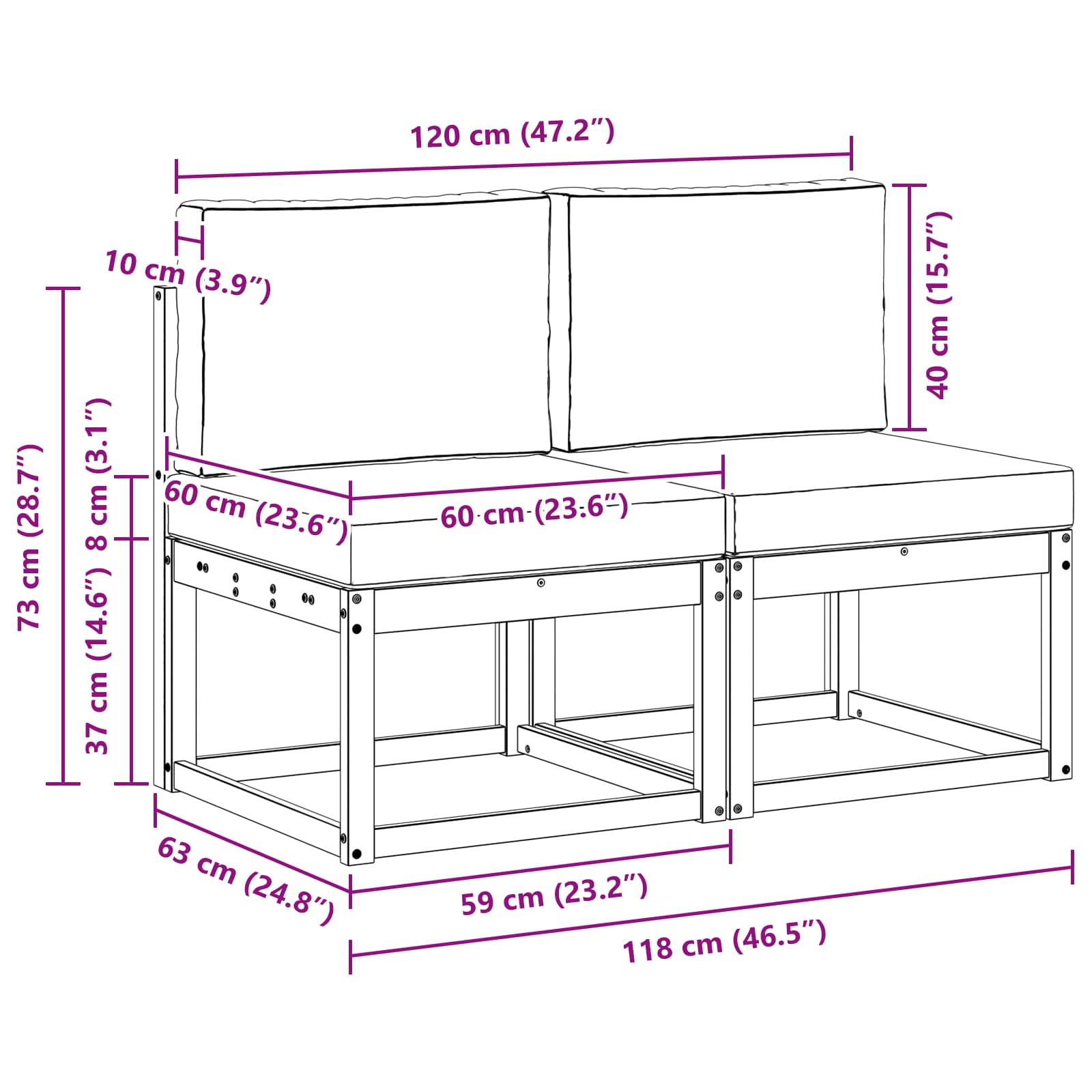 2 darab kültéri középső kanapé tömör akácfa természetes