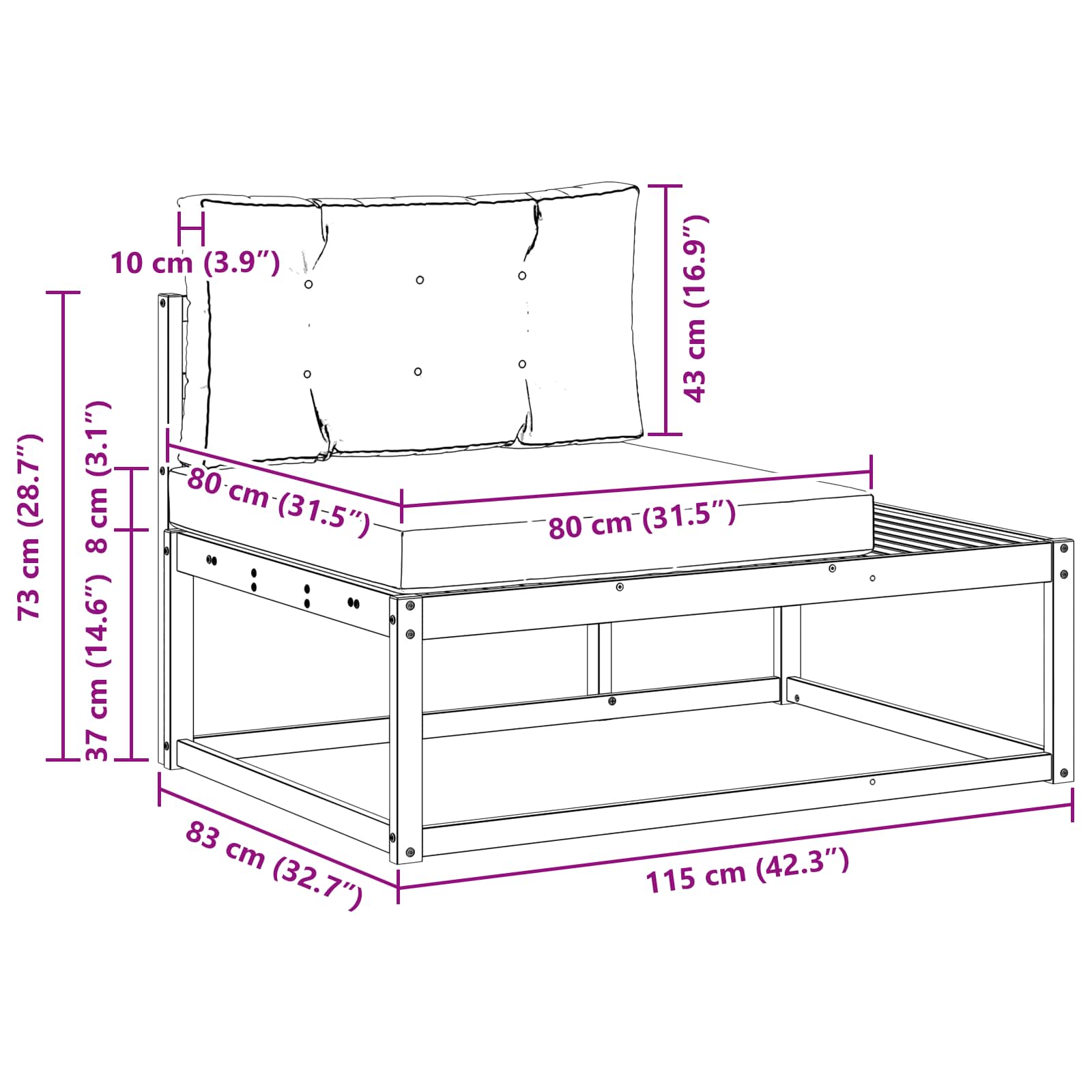 Kültéri végkanapé természetes 115 x 83 x 73 cm tömör akácfa