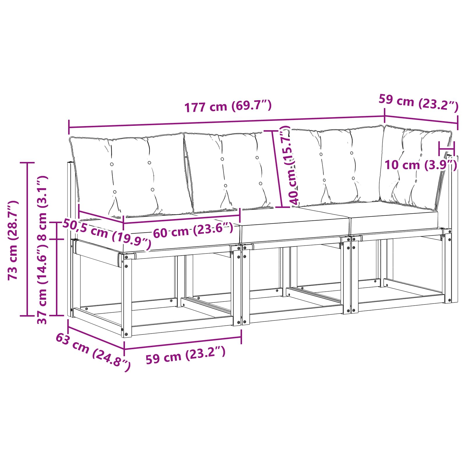 Kültéri középső és sarok kanapé párnával 3 darab természetes