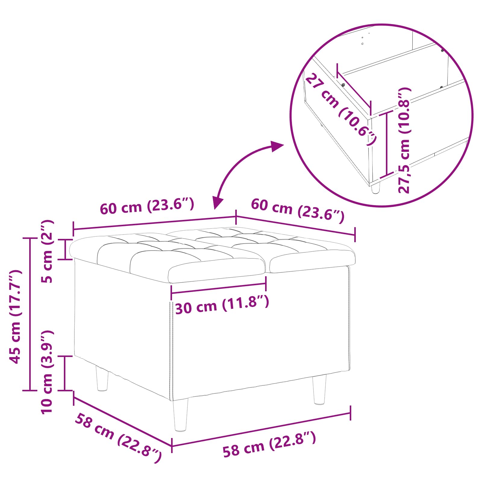 Tároló oszmán párnával világosszürke 60 x 60 x 45 cm bársony