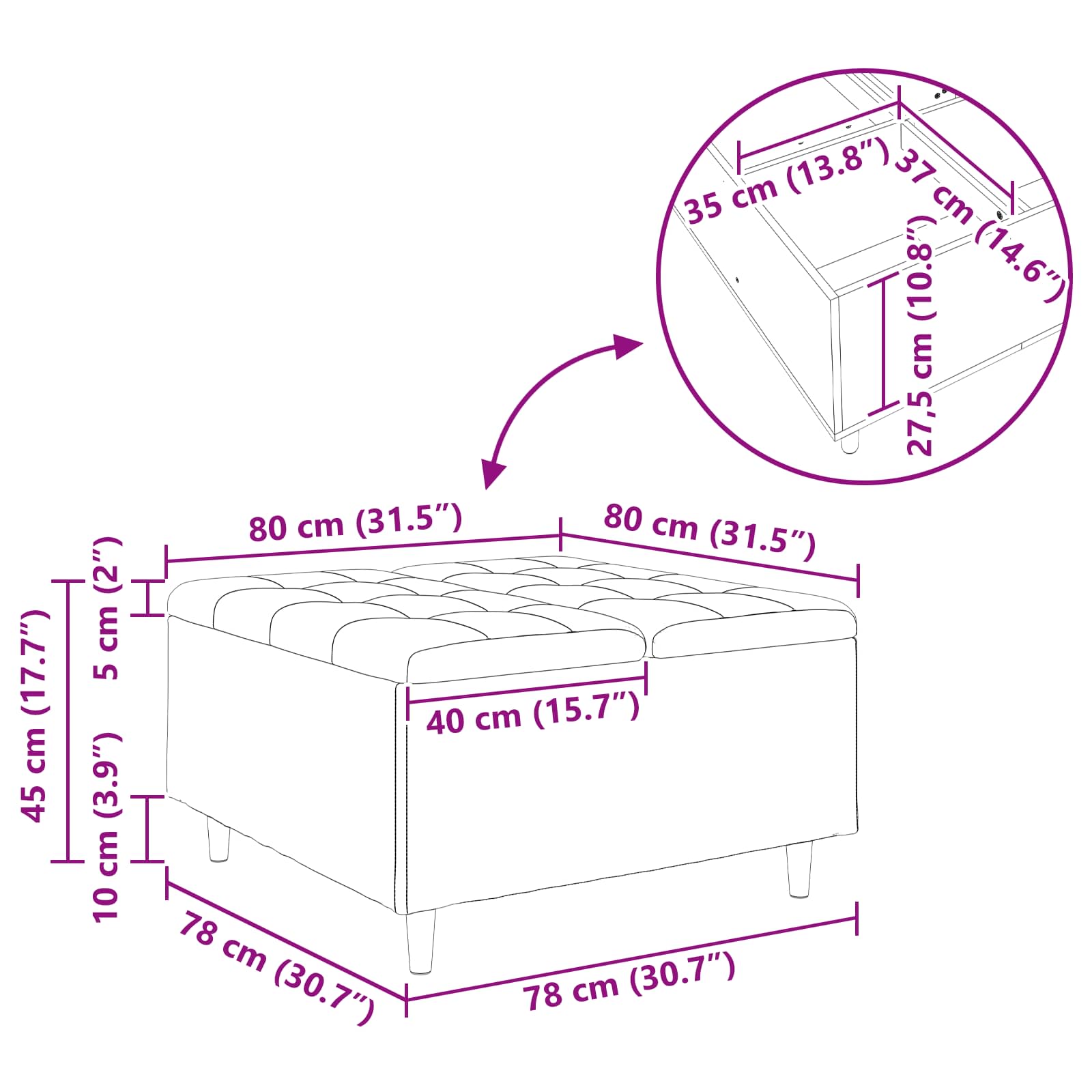 Gombos szék párnával fehér 80 x 80 x 45 cm műbőr