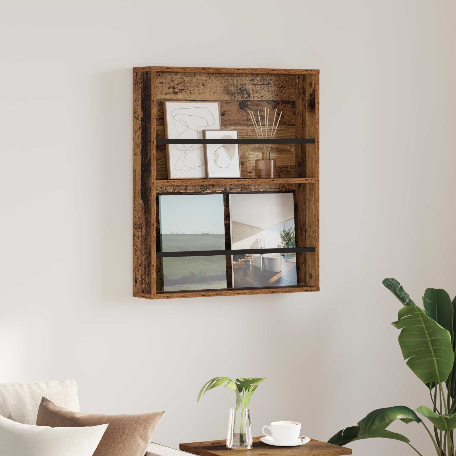 Magazin állvány polcokkal öreg fa 60 x 12 x 70 cm faanyag