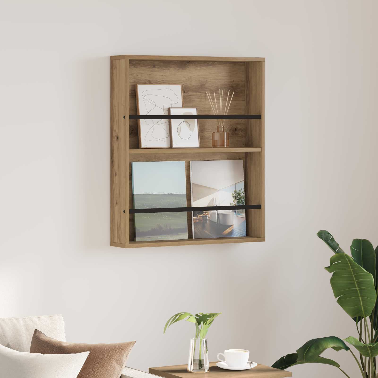 Magazin állvány polcokkal artisan tölgy 60 x 12 x 70 cm faanyag