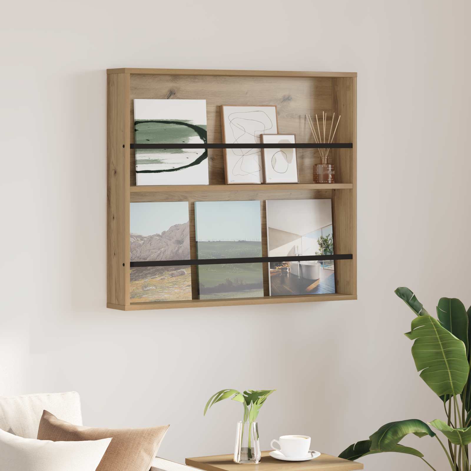 Magazin állvány polcokkal artisan tölgy 80 x 12 x 70 cm faanyag