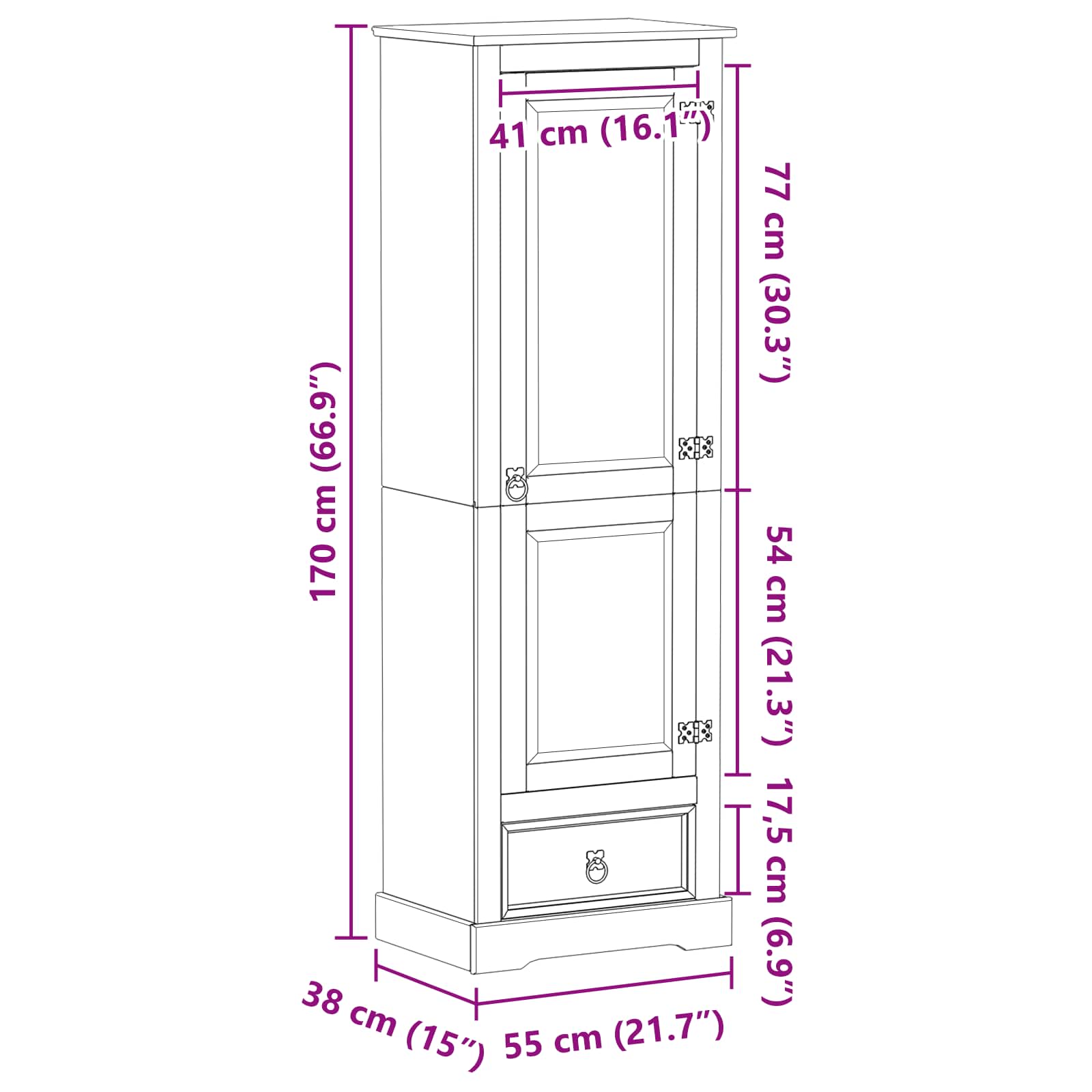 Szekrények fiókkal ajtóval fehér 55 x 38 x 170 cm tömör fenyőfa