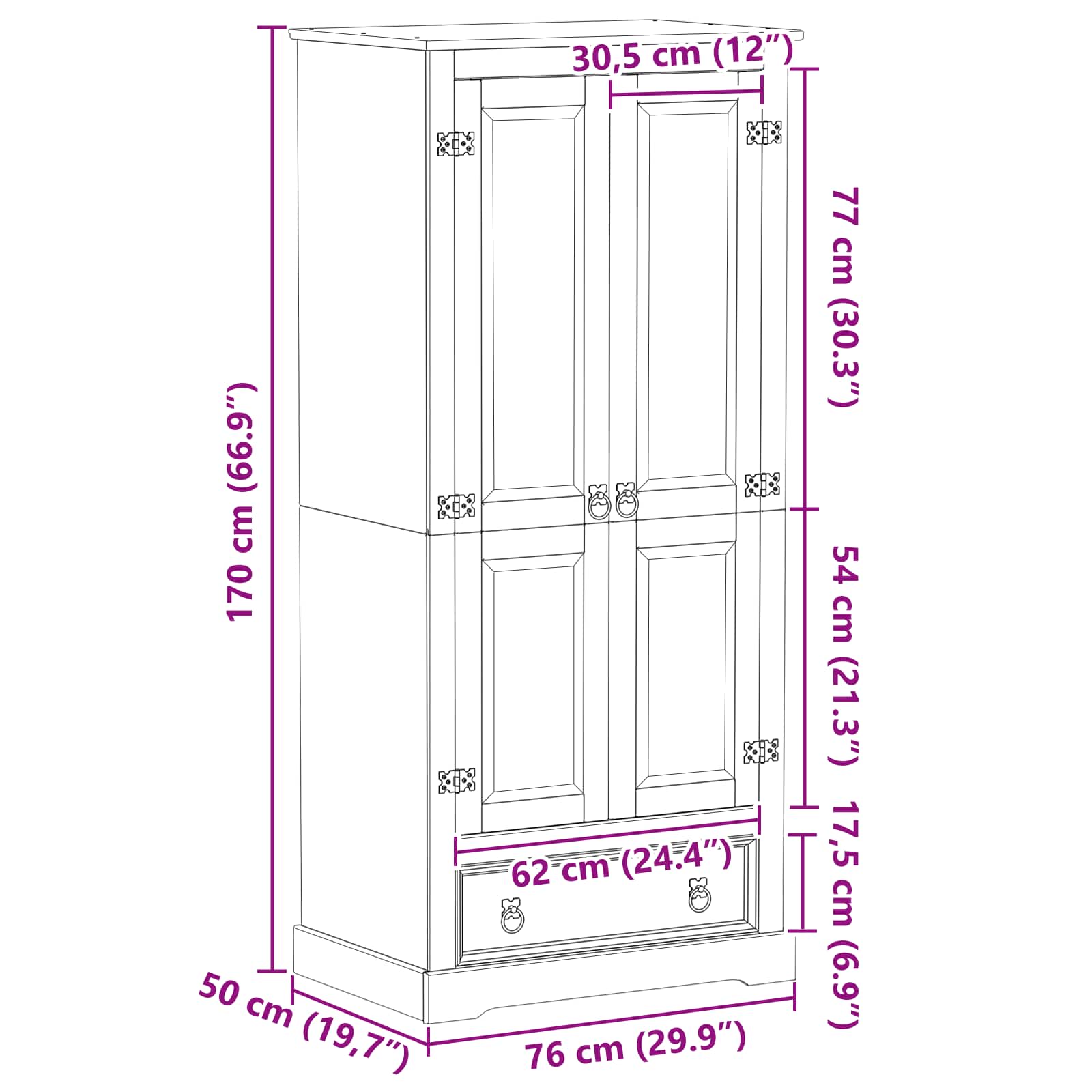 Szekrények fiókkal ajtóval fehér 76 x 50 x 170 cm tömör fenyőfa