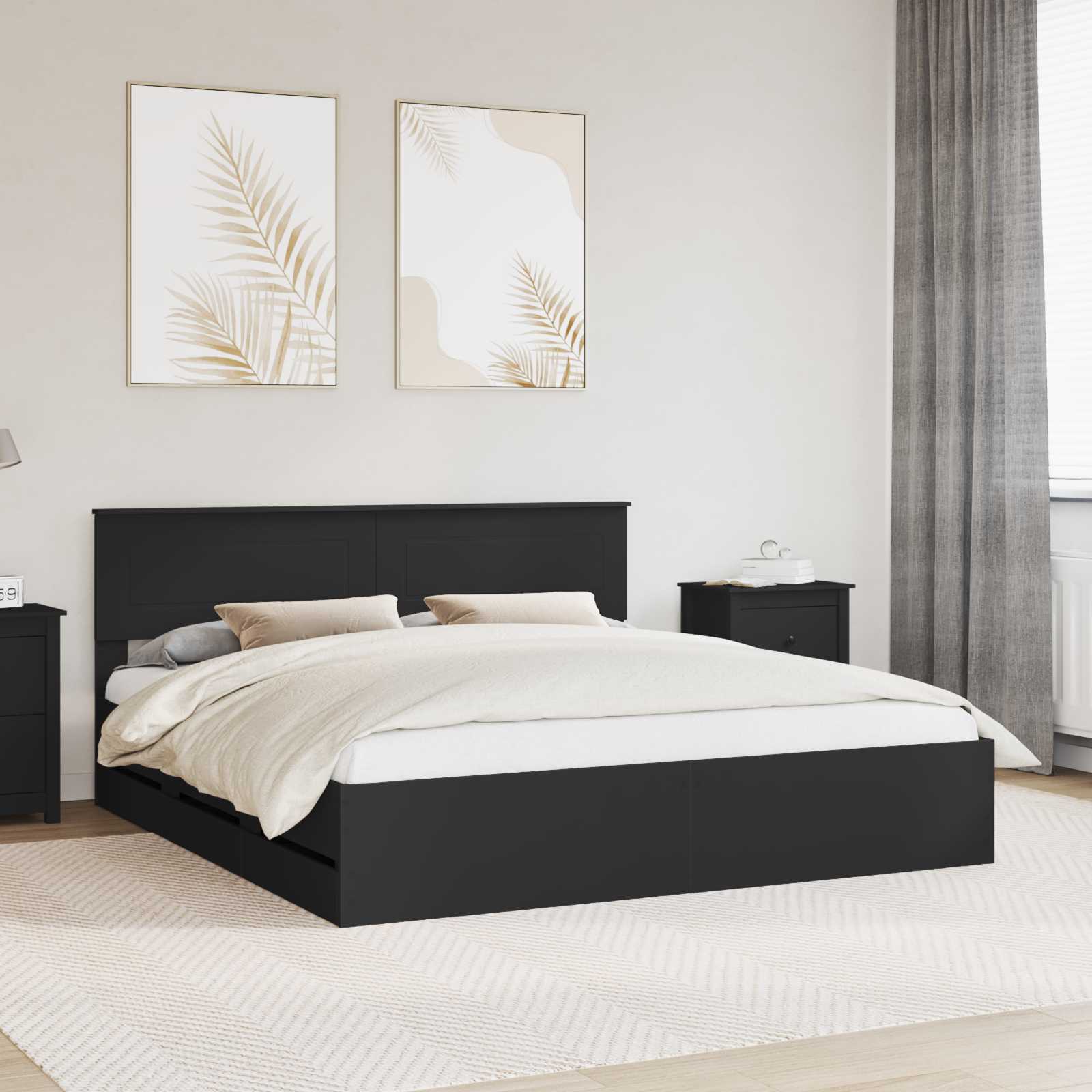 Ágykeret fiókkal fejtámlával fekete 200 x 200 cm mérnöki fa