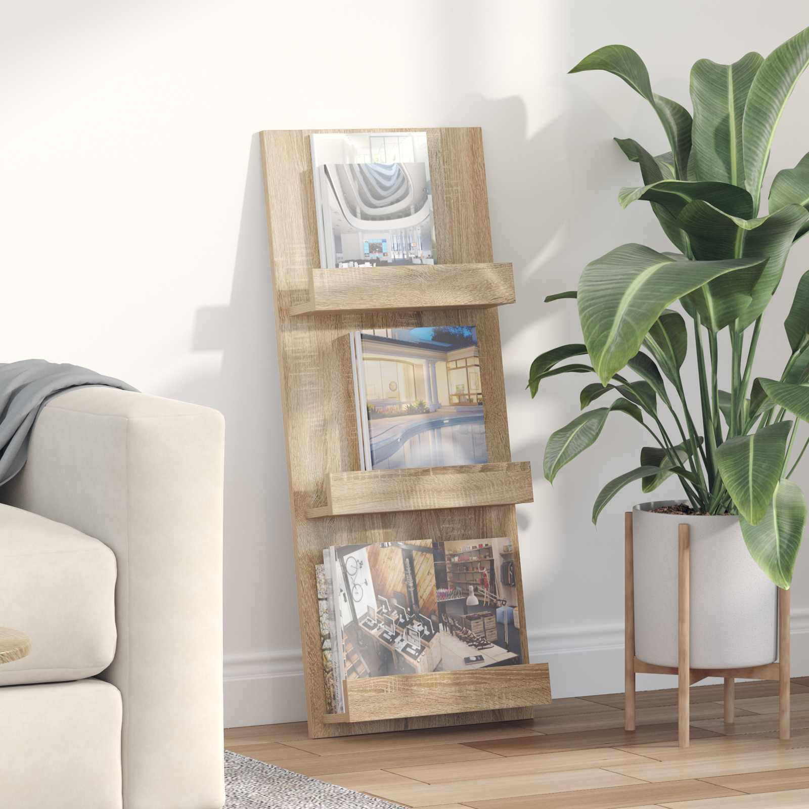 Magazin állvány polcokkal sonoma tölgy 51 x 11 x 102 cm faanyag