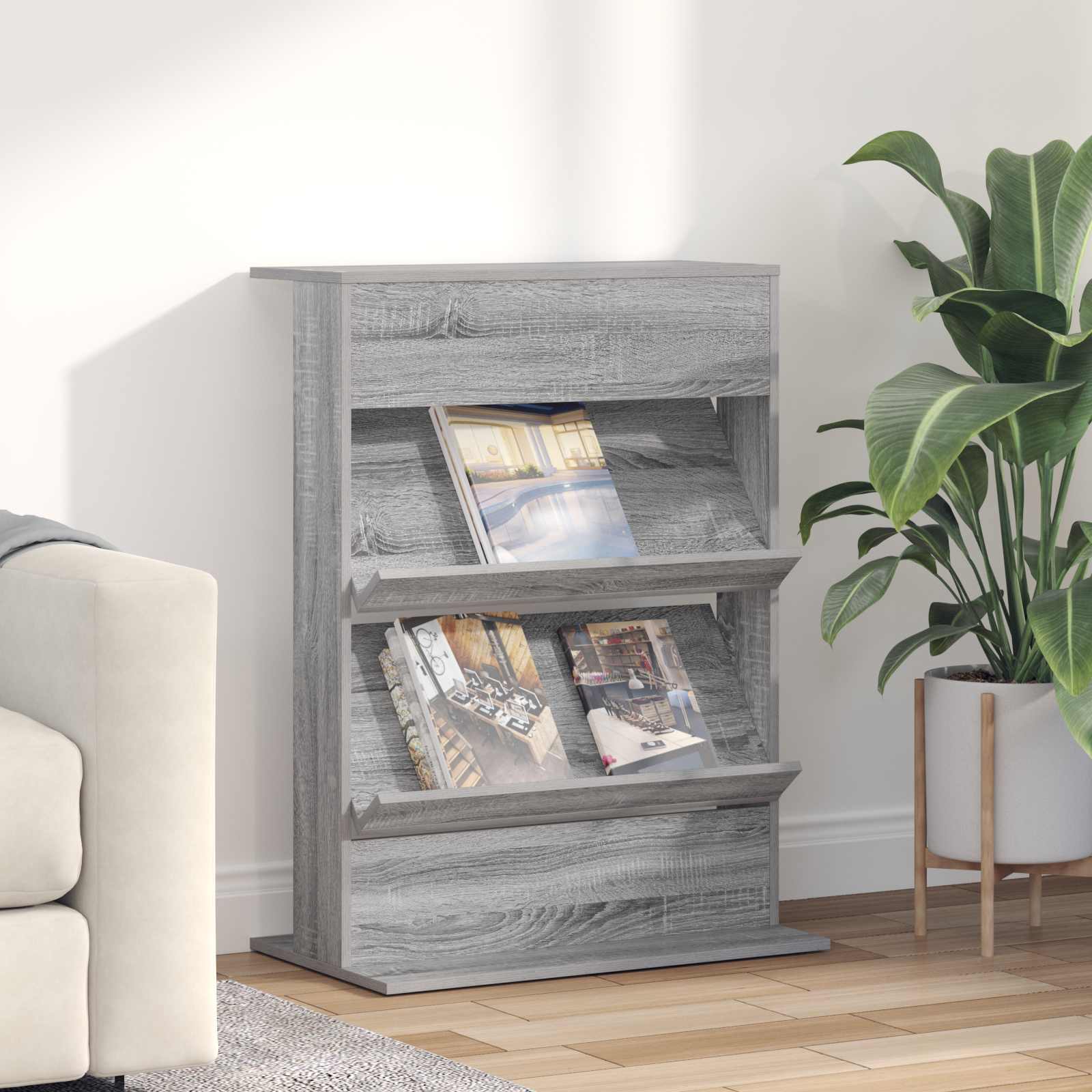 Magazin állvány polcokkal szürke sonoma 70 x 41 x 96 cm faanyag