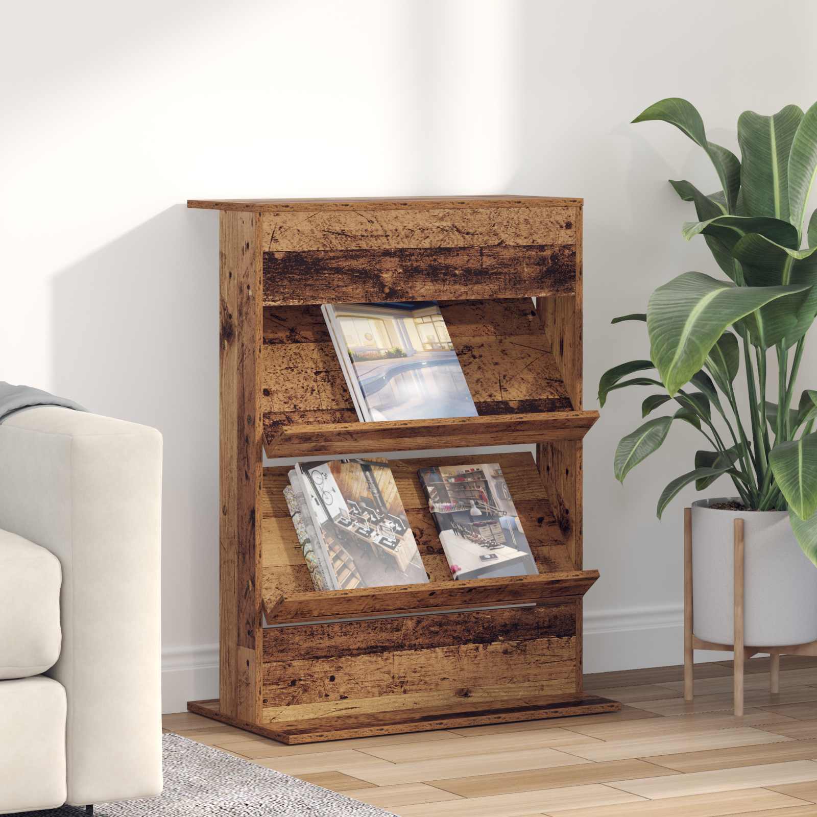 Magazin állvány polcokkal öreg fa 70 x 41 x 96 cm faanyag