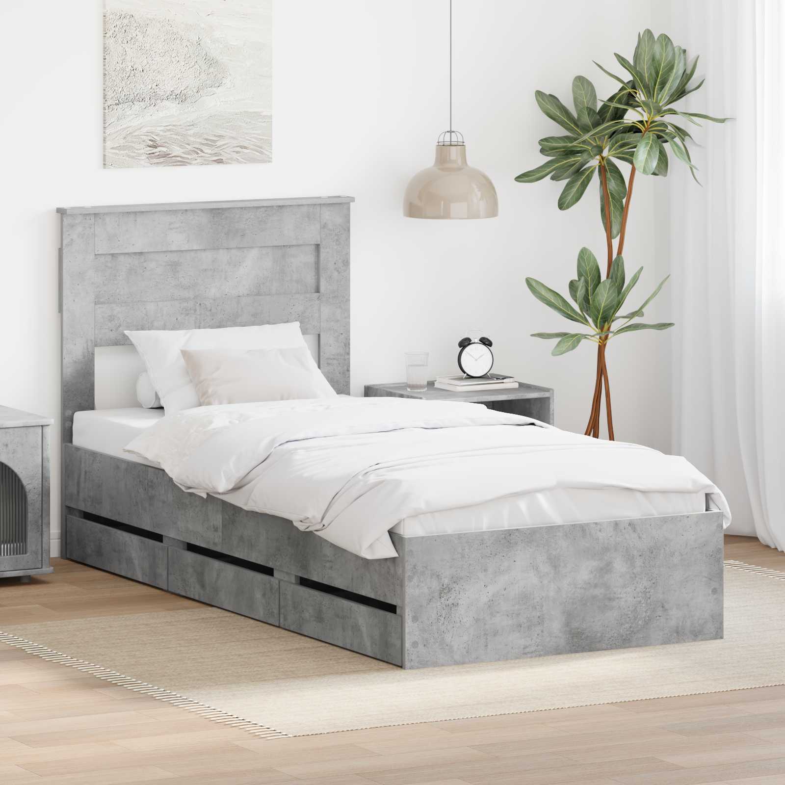 Ágykeret fiókkal tárolóval beton szürke 90 x 200 cm mérnöki fa