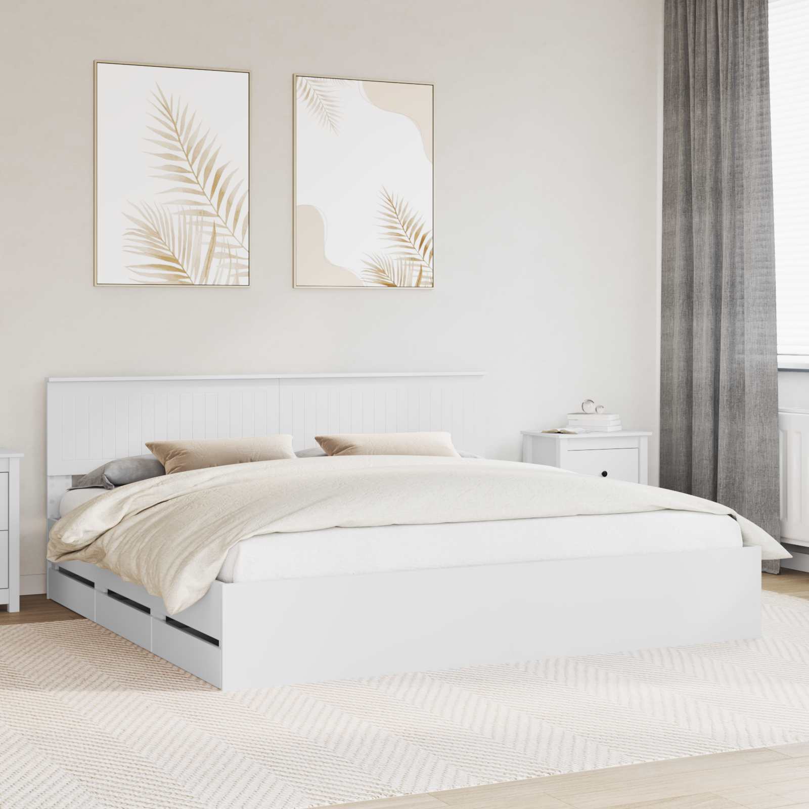 Ágykeret fiókkal fejtámlával fehér 200 x 200 cm mérnöki fa