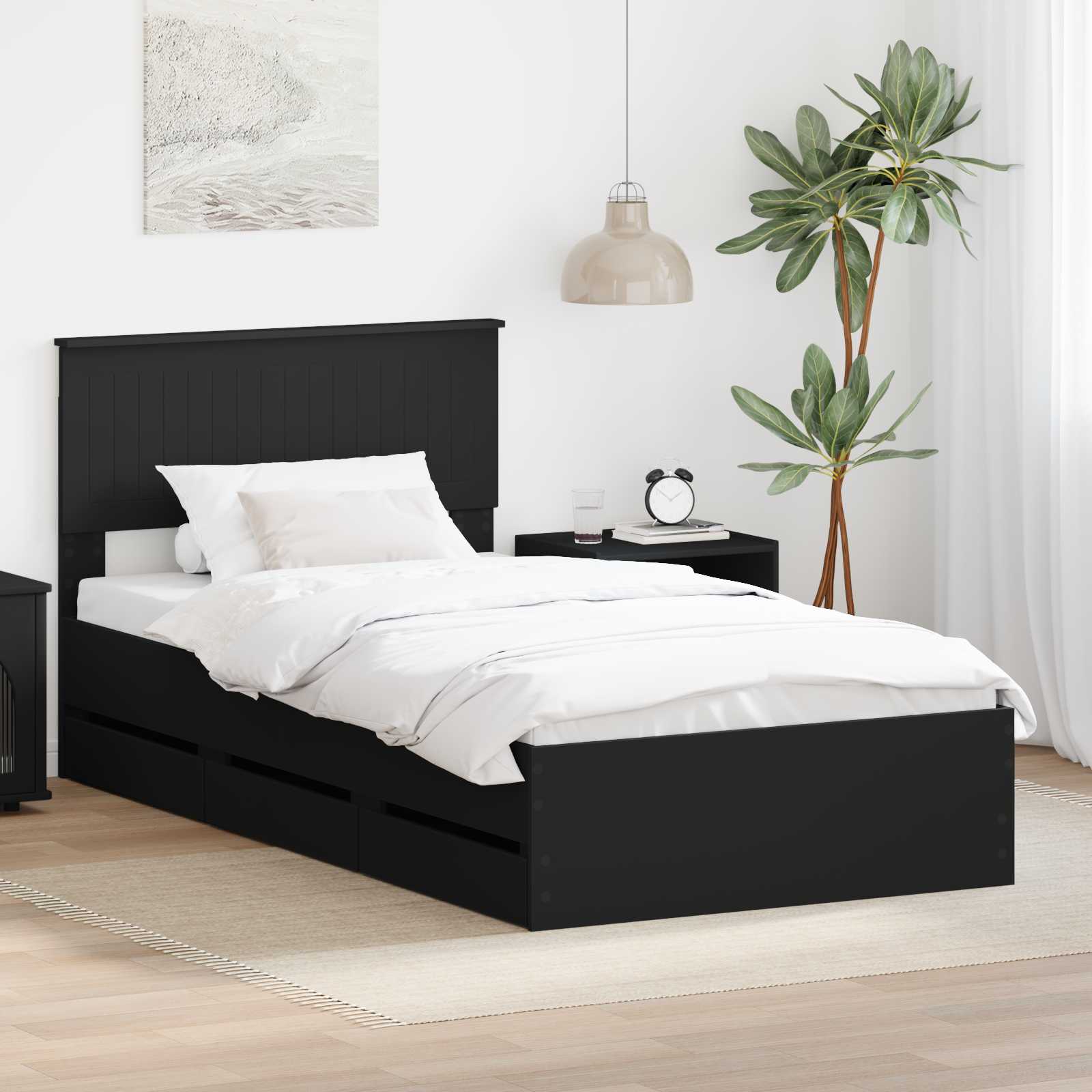 Ágykeret fiókkal fejtámlával fekete 100 x 200 cm mérnöki fa