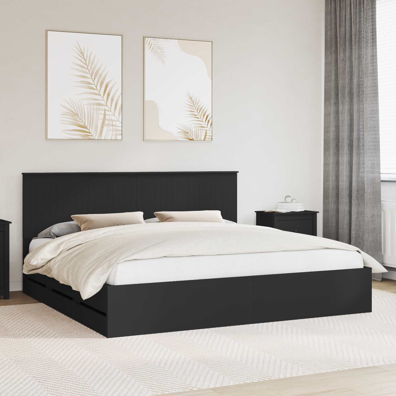 Ágykeret fiókkal fejtámlával fekete 200 x 200 cm mérnöki fa