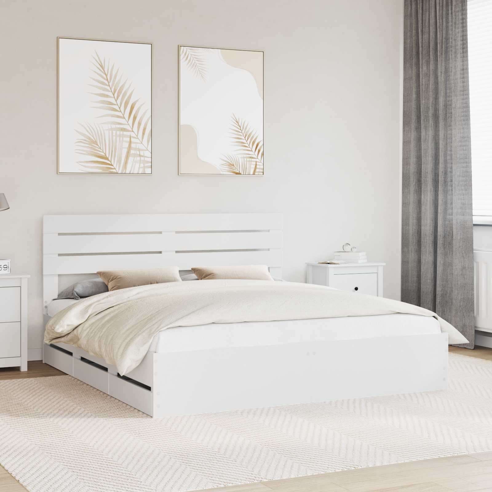 Ágykeret fiókkal fejtámlával fehér 200 x 200 cm mérnöki fa