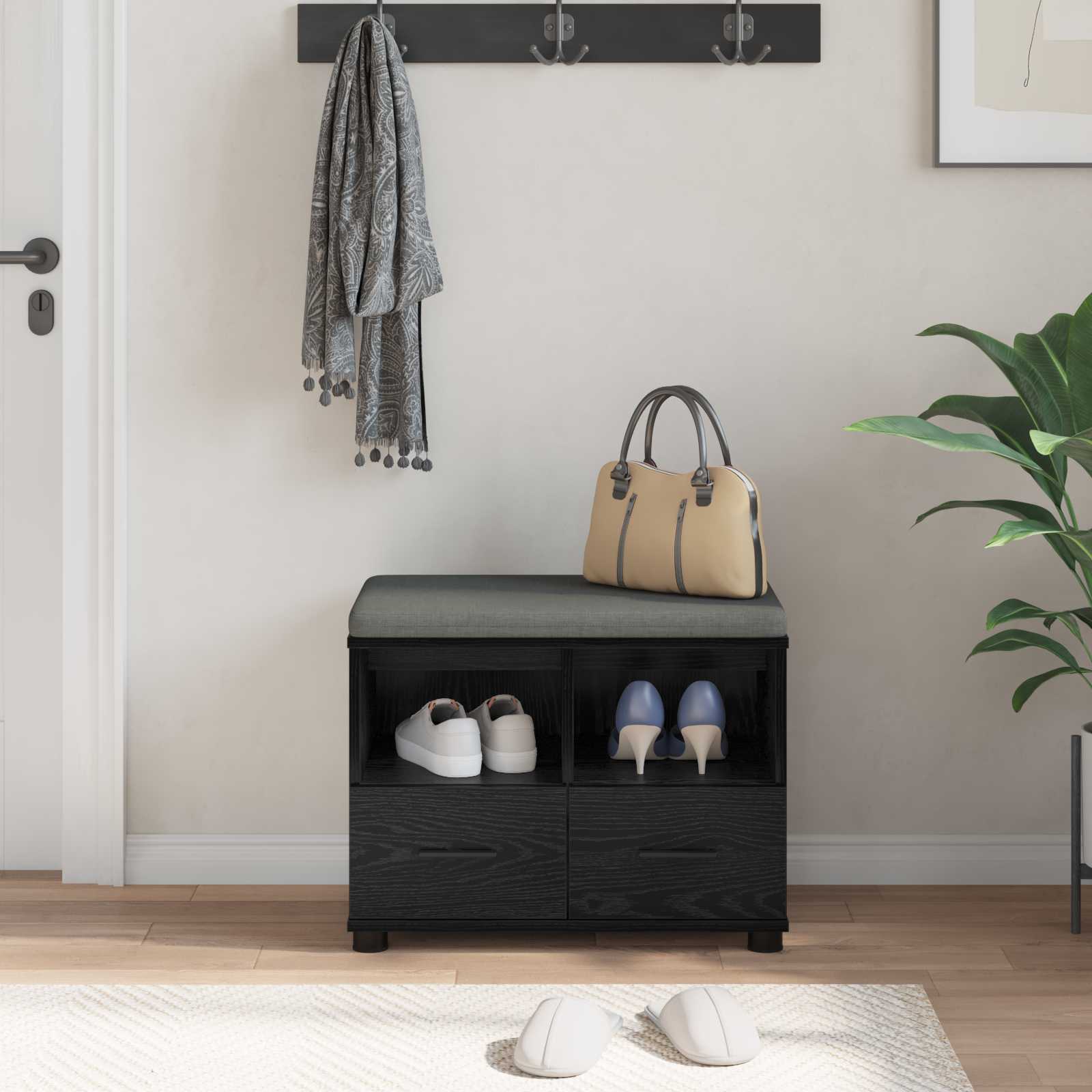 Előtér pad párnával fiókkal fekete tölgy 60 x 38 x 46 cm