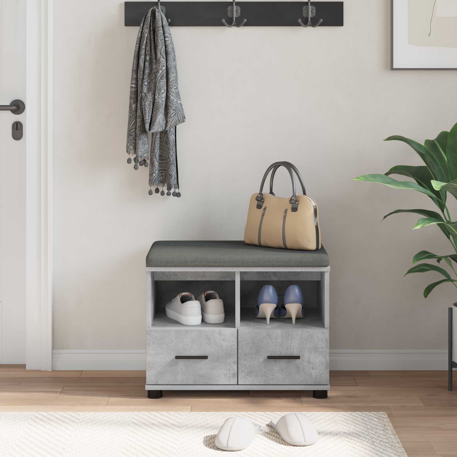 Előtér pad párnával fiókkal beton szürke 60 x 38 x 46 cm