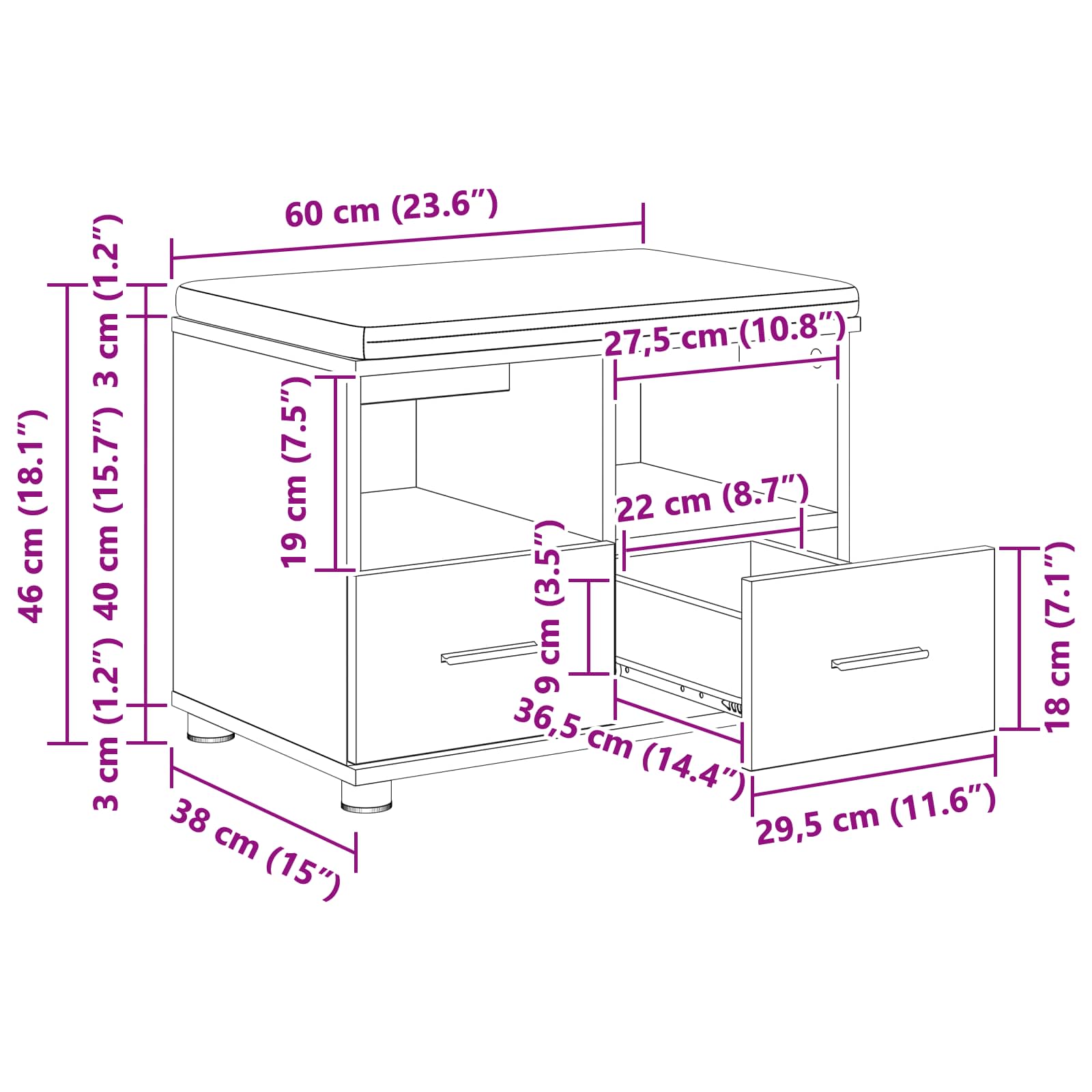 Előtér pad párnával fiókkal artisan tölgy 60 x 38 x 46 cm