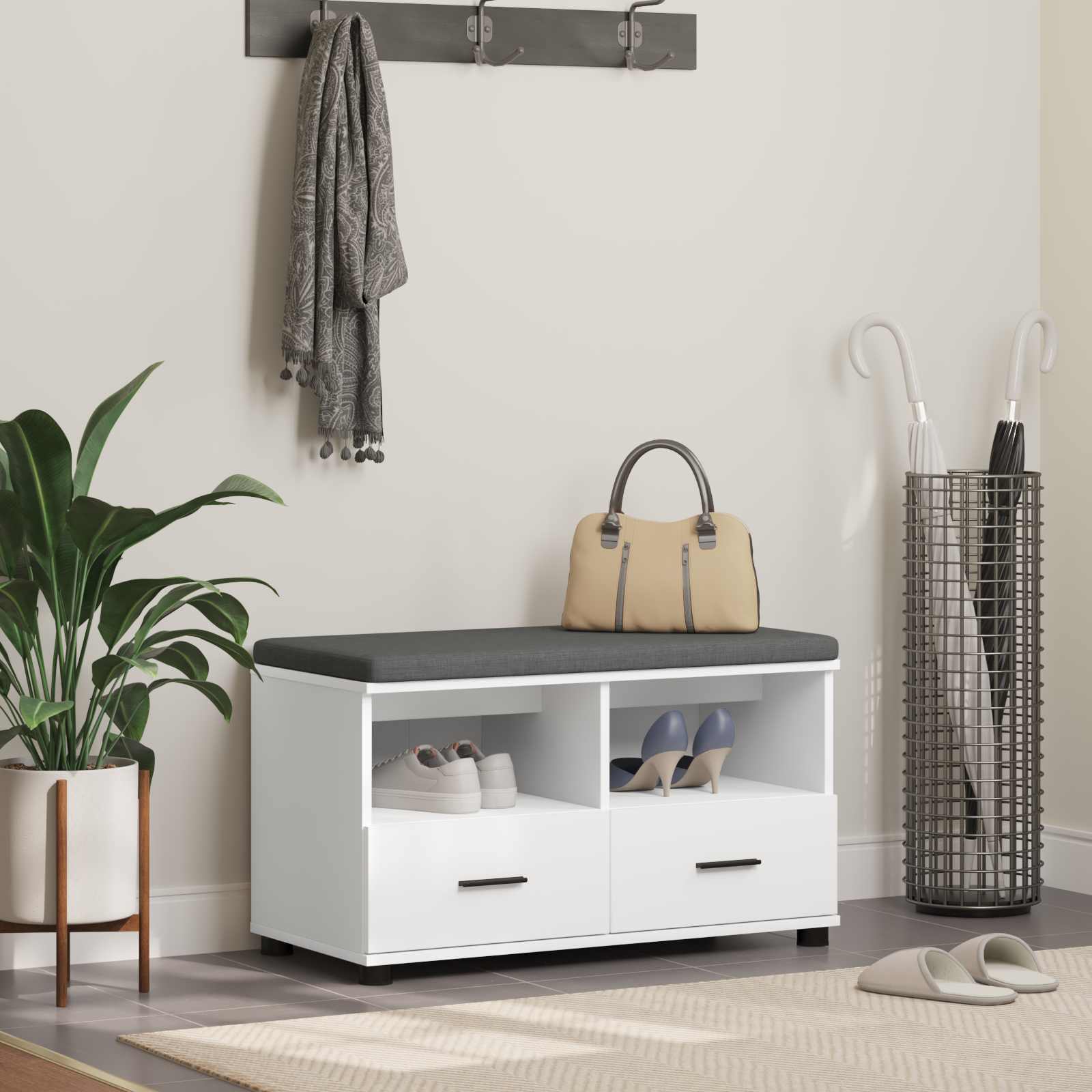 Előtér pad fehér 80 x 38 x 46 cm fűrészpor és kárpit anyag