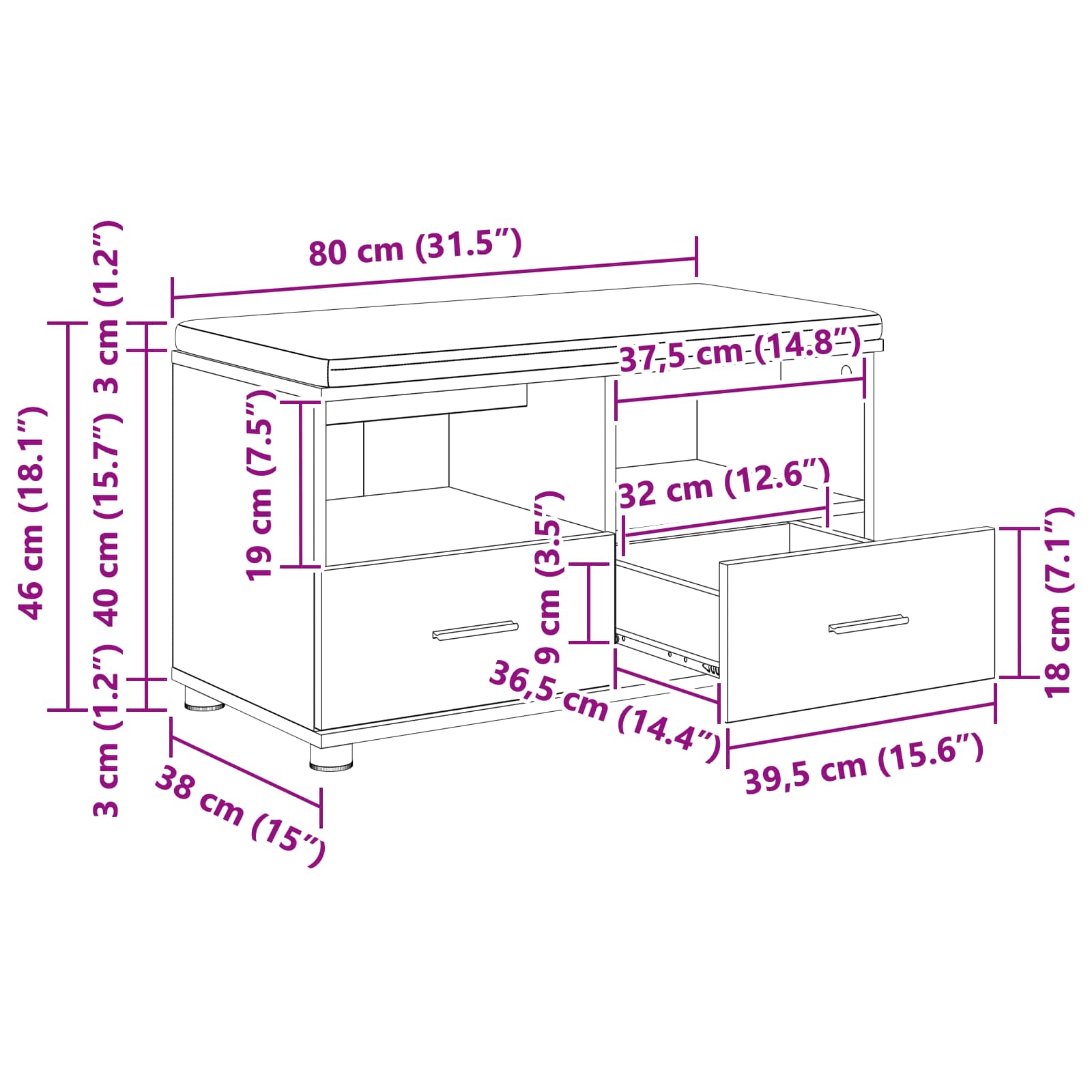 Előtér pad párnával fiókkal sonoma tölgy 80 x 38 x 46 cm
