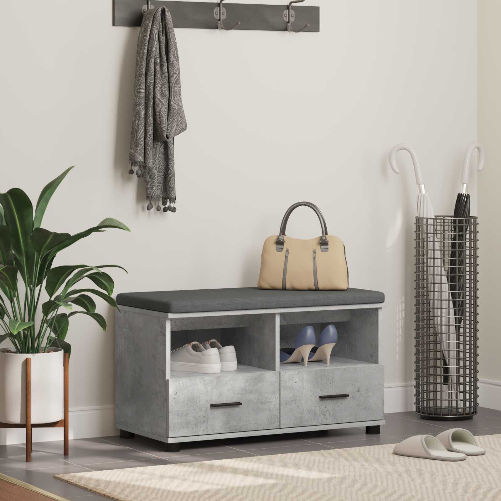 Előtér pad párnával fiókkal beton szürke 80 x 38 x 46 cm