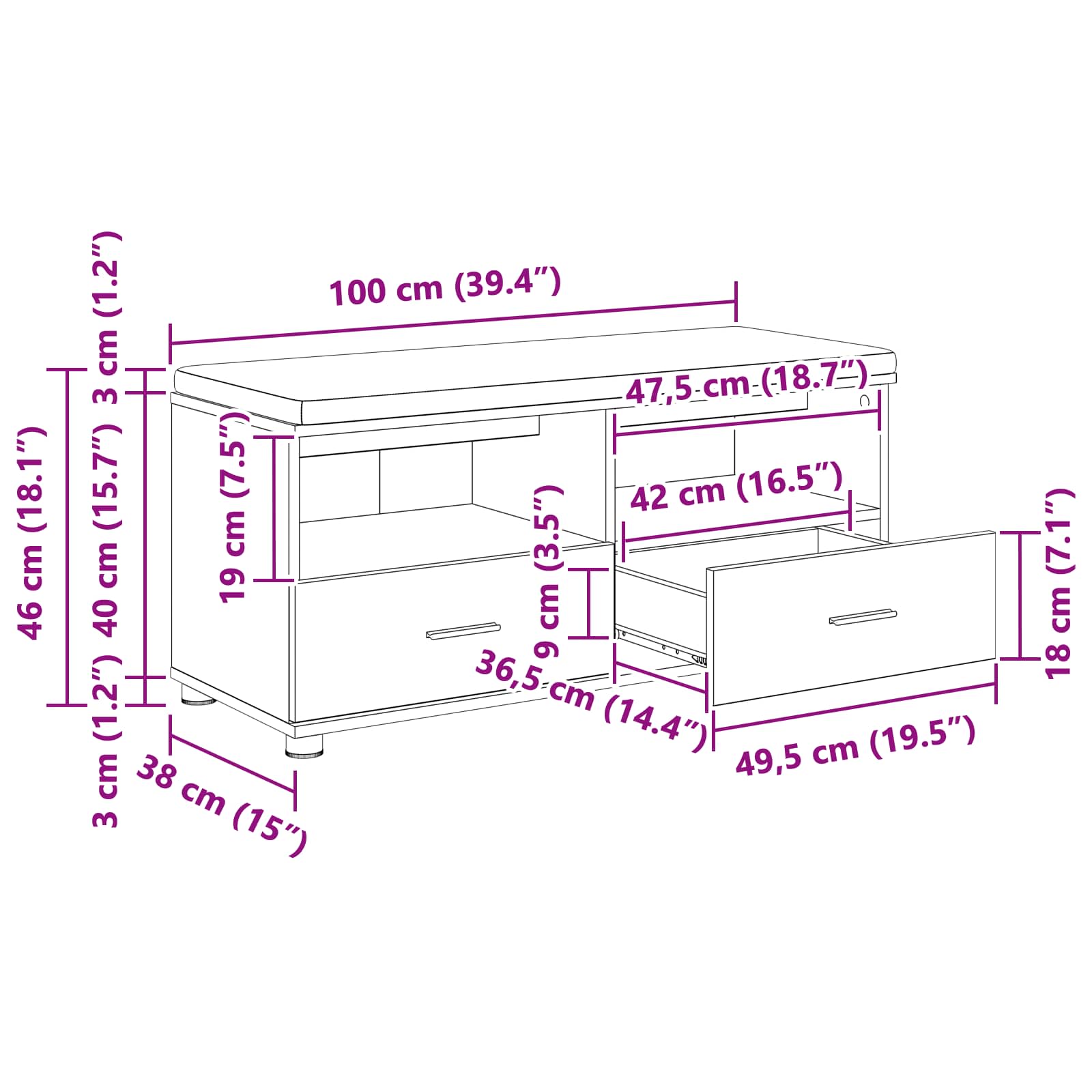 Előtér pad fehér 100 x 38 x 46 cm fűrészpor és kárpit anyag