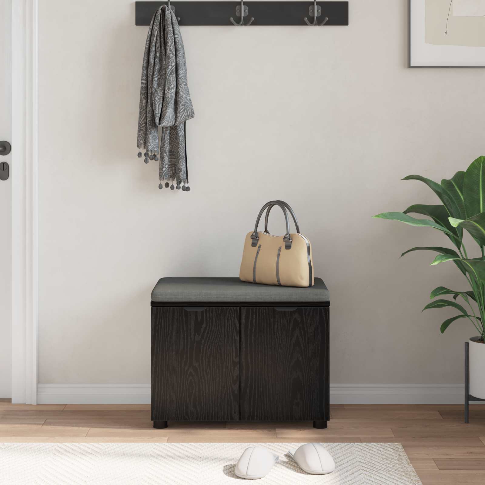 Előtér pad párnával tárolóval fekete tölgy 60 x 38 x 46 cm