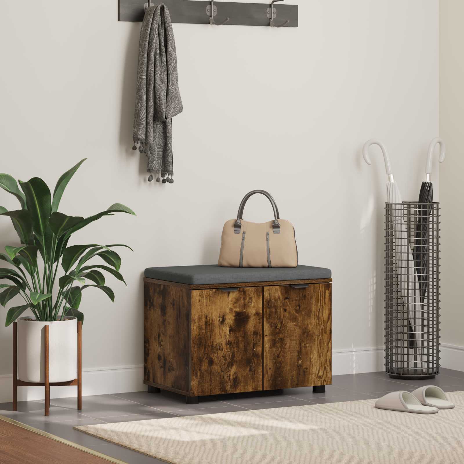 Előtér pad párnával tárolóval füstölt tölgy 60 x 38 x 46 cm