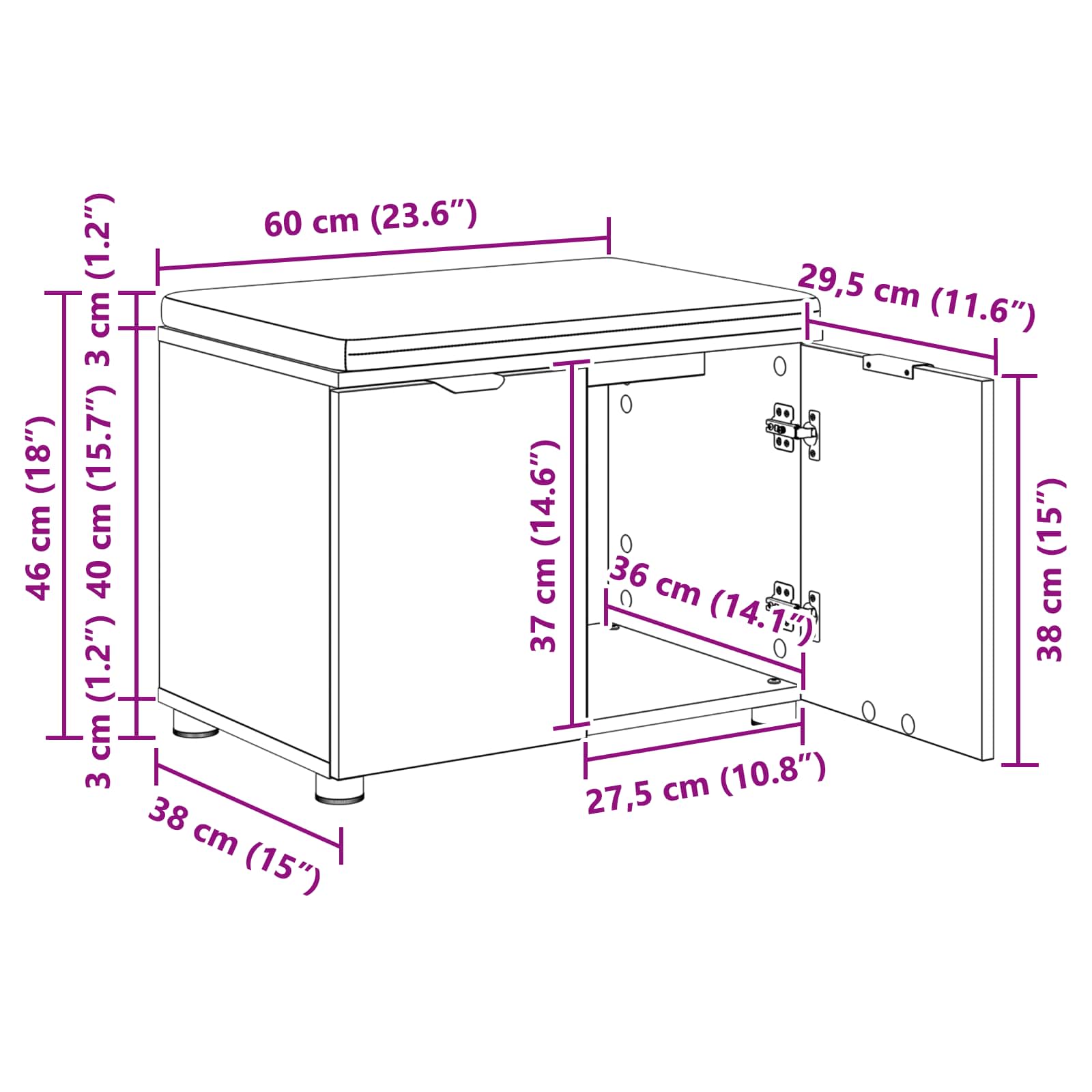 Előtér pad párnával tárolóval füstölt tölgy 60 x 38 x 46 cm