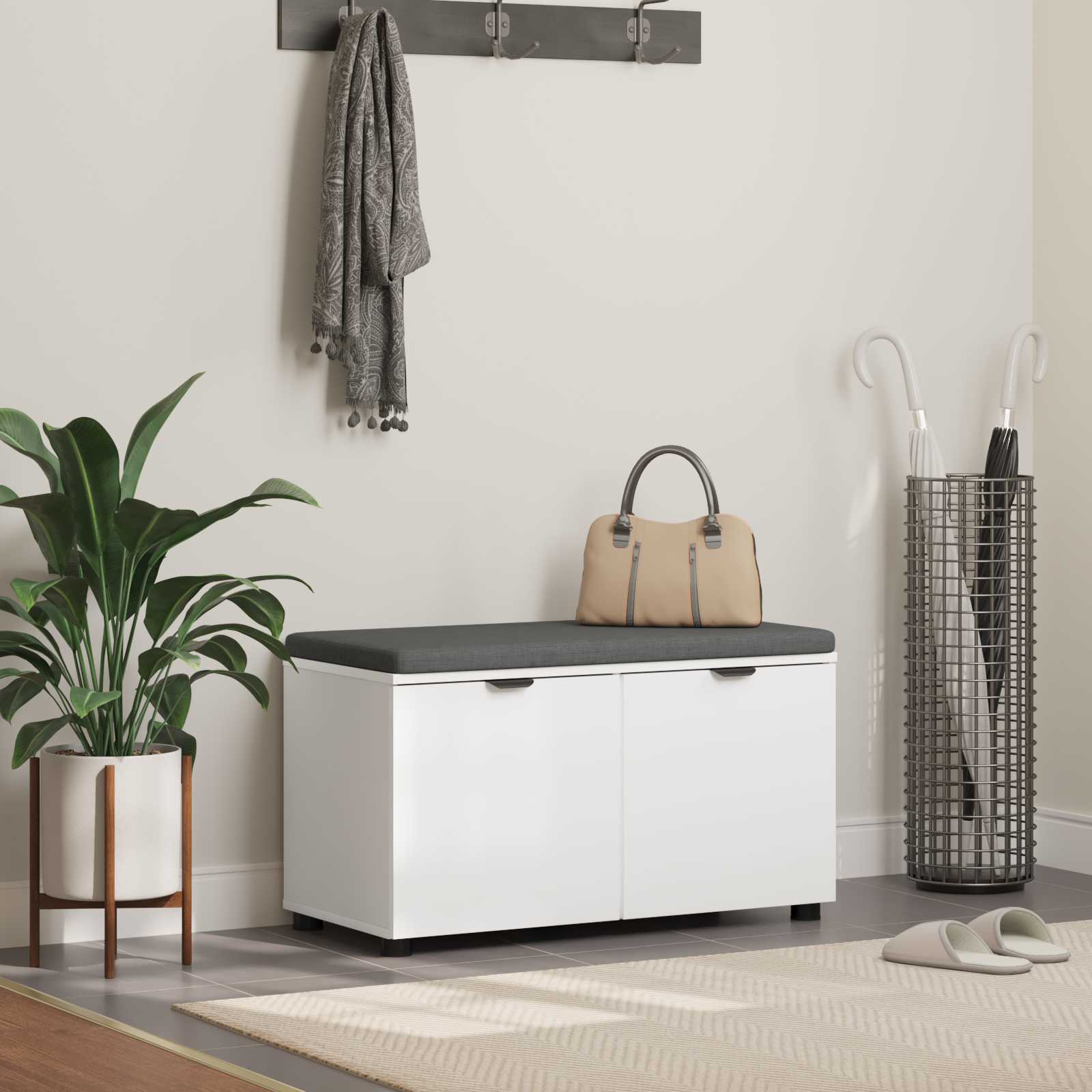 Előtér pad párnával tárolóval ajtóval fehér 80 x 38 x 46 cm