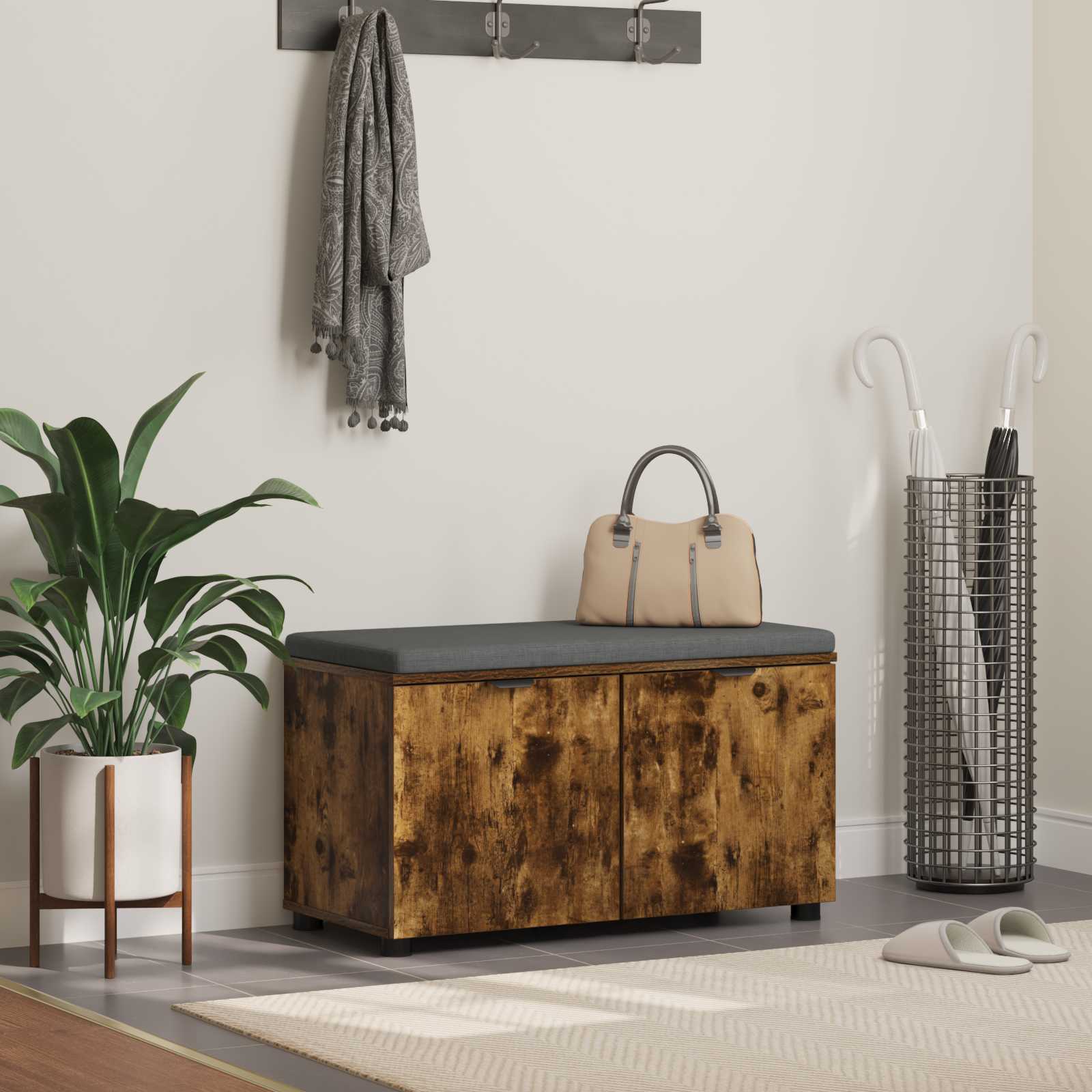 Előtér pad párnával tárolóval füstölt tölgy 80 x 38 x 46 cm